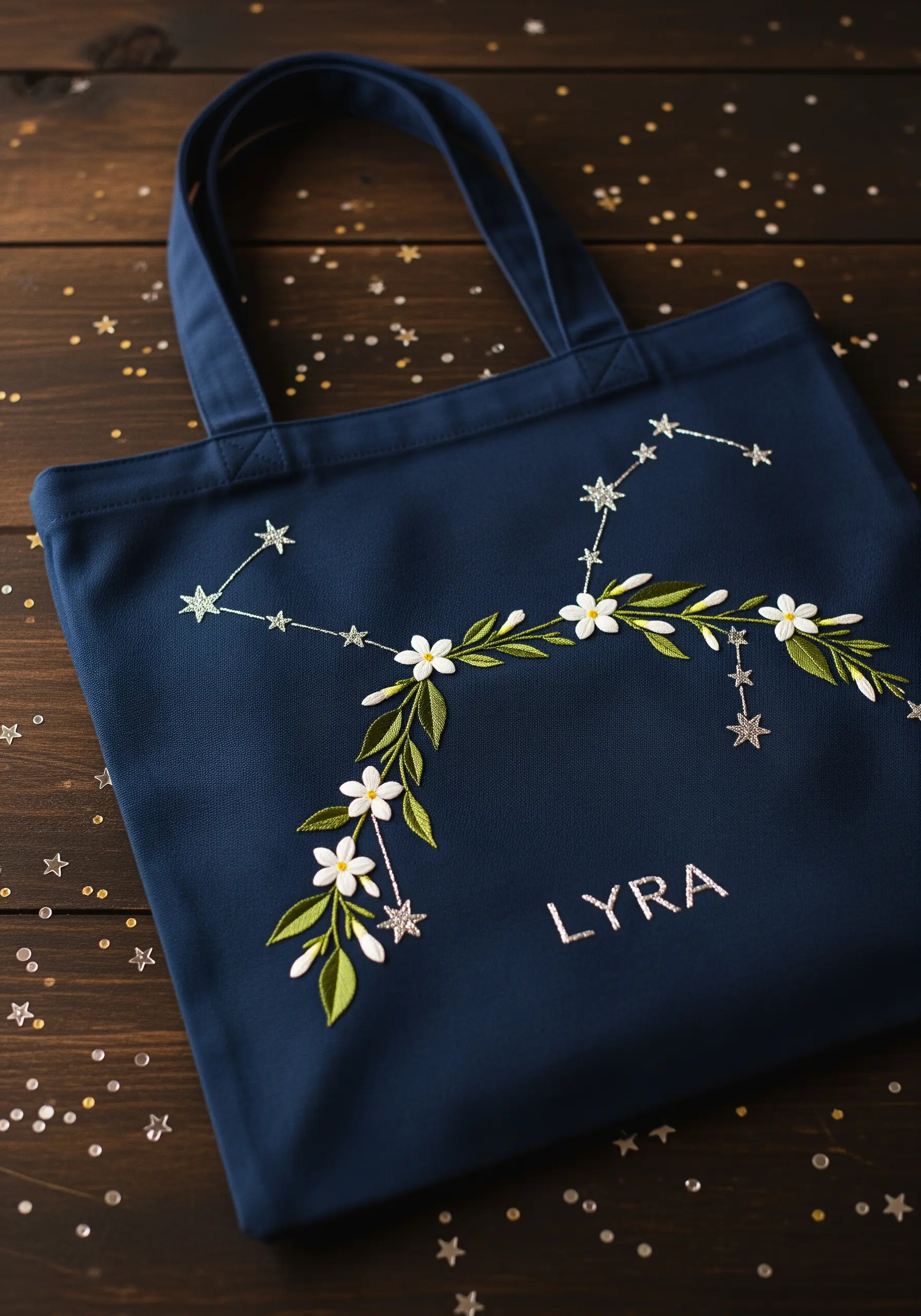 The Lyra constellation embroidered with silver thread and woven through a floral garland