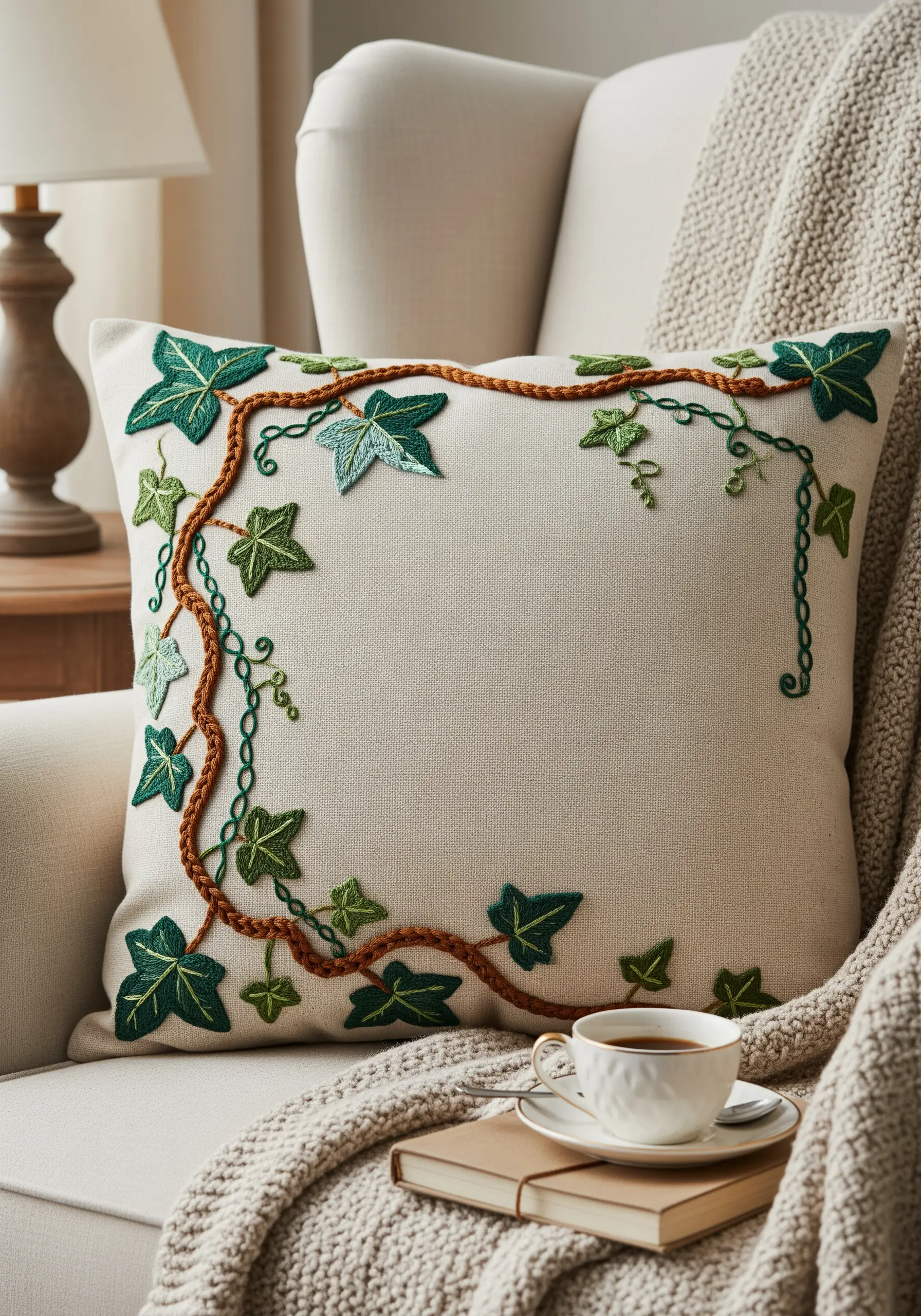 Embroidered ivy on a pillow, with a thick couched vine and satin-stitched leaves.