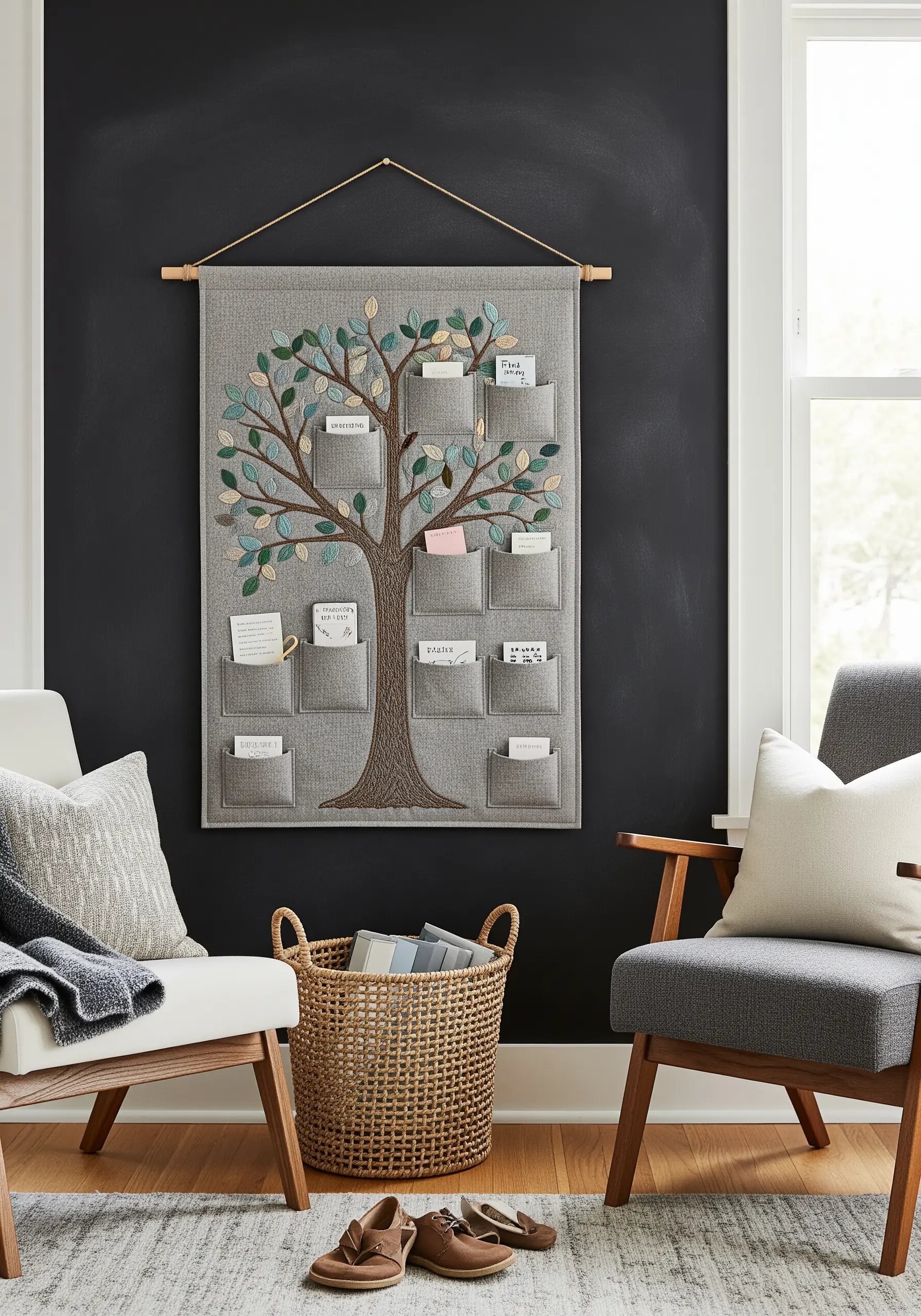 An embroidered family tree on a wall hanging that doubles as a mail organizer with pockets.