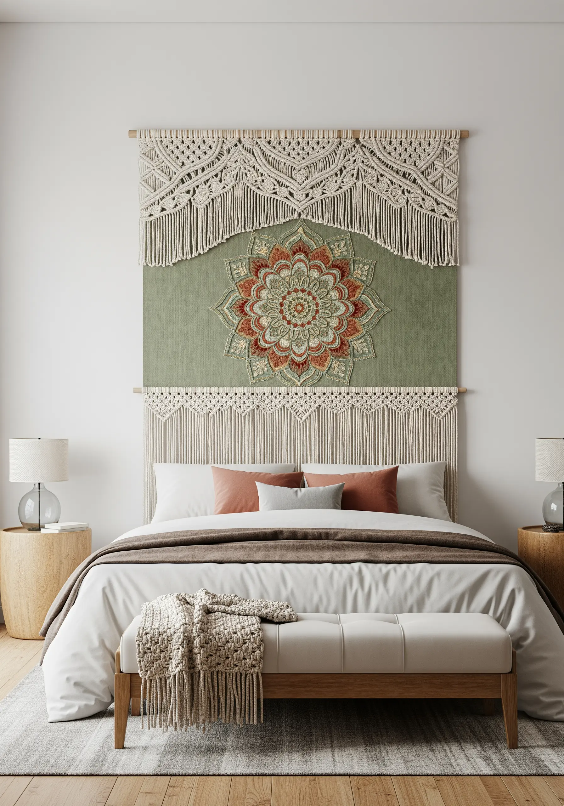 A layered wall hanging featuring an embroidered mandala on green fabric, framed by macrame.