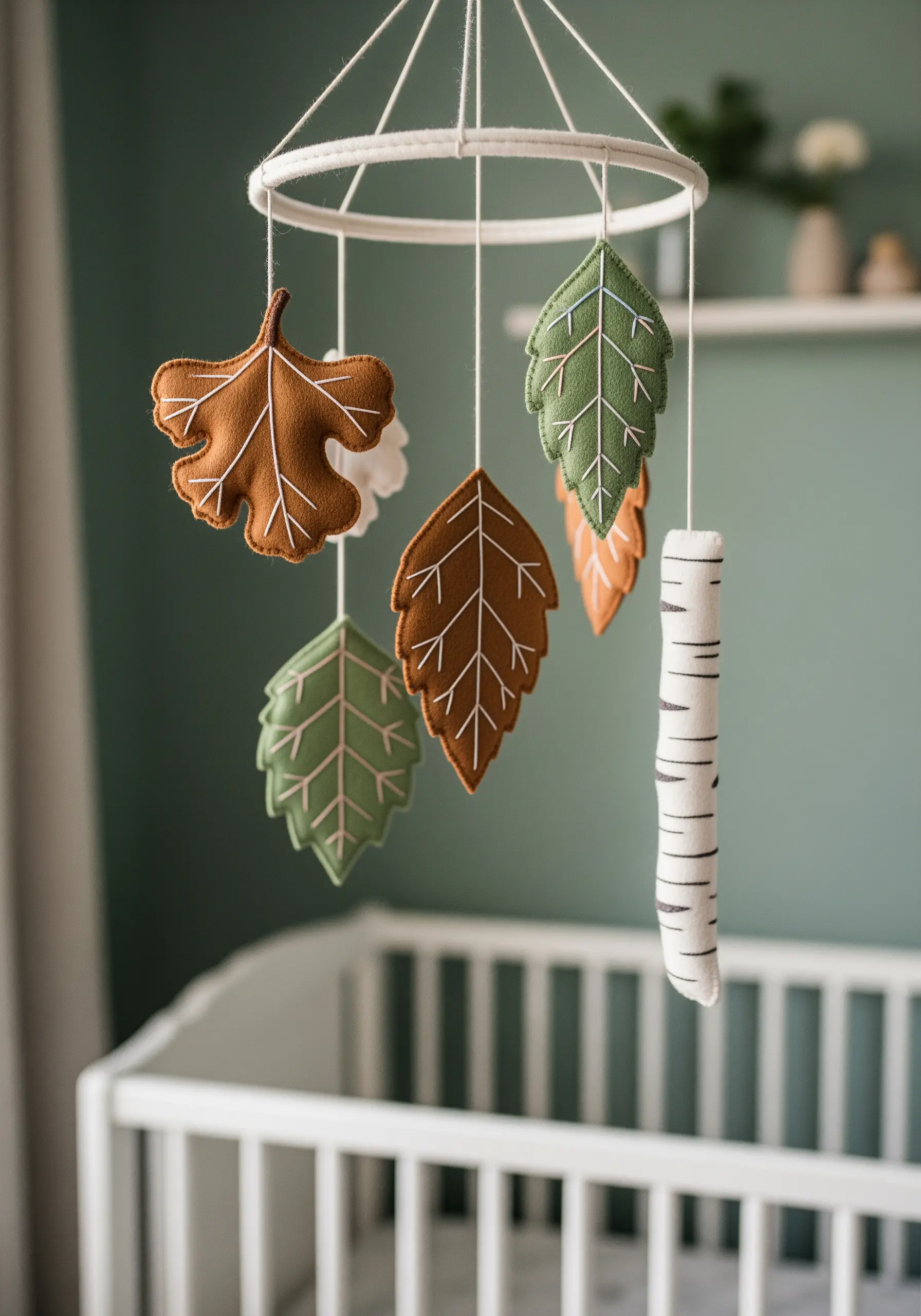 A baby mobile with hanging felt leaves in green and brown with white embroidered veins.