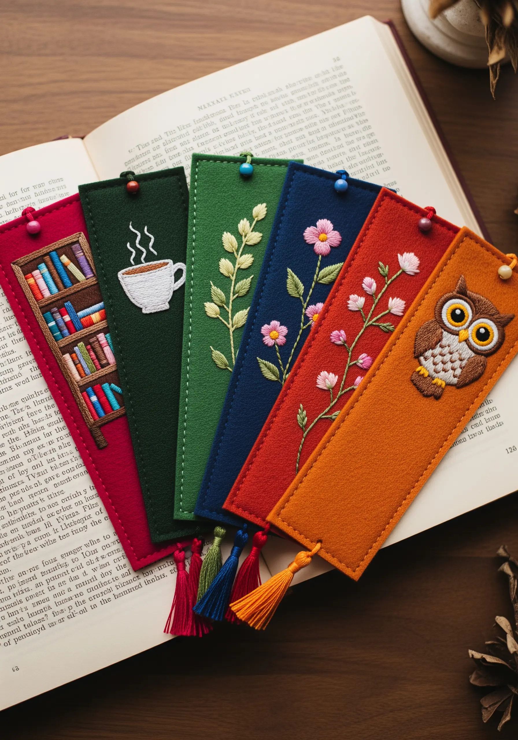 A collection of colorful felt bookmarks with embroidered designs like an owl, flowers, and a bookshelf.