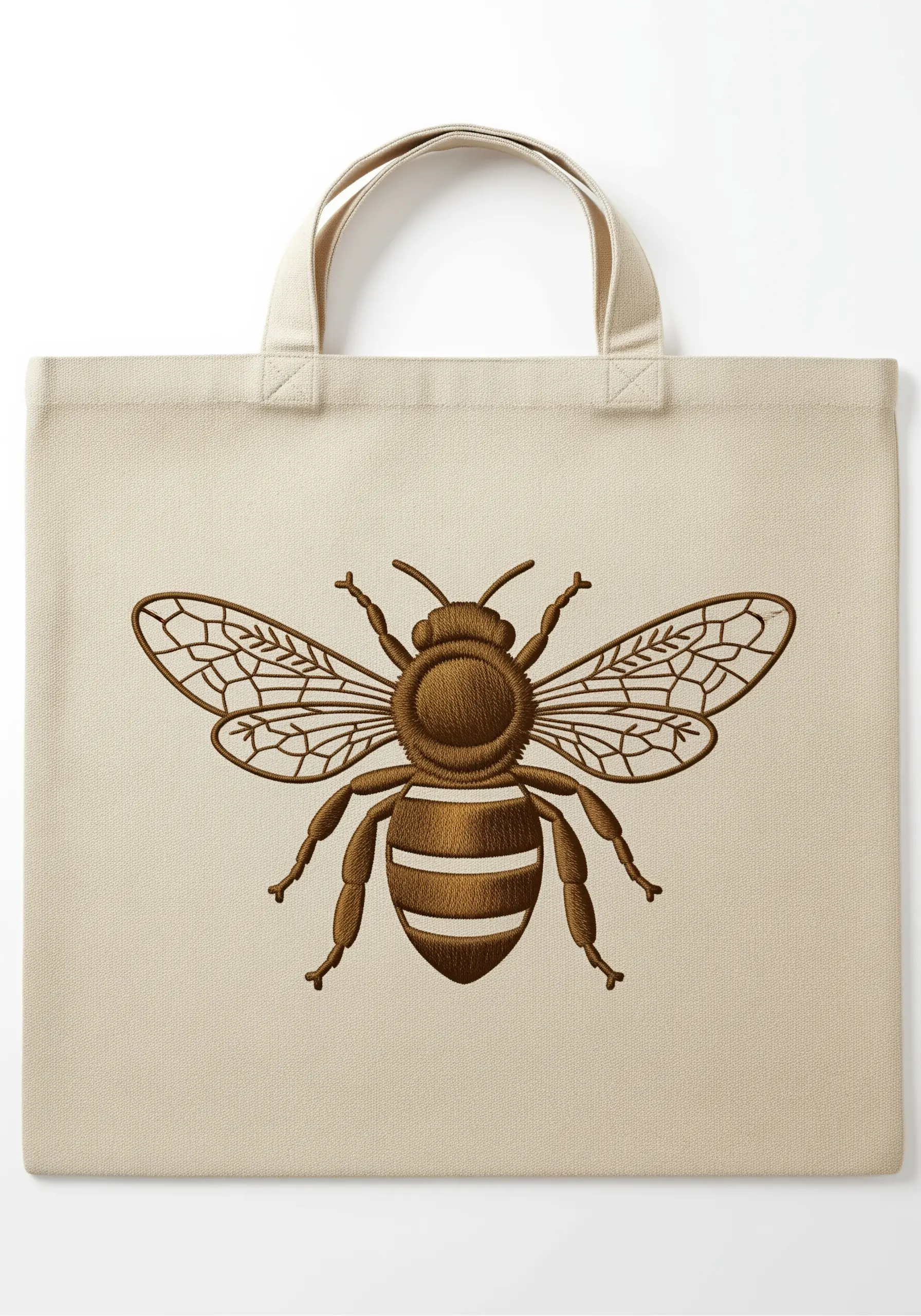 A honeybee embroidered on a canvas tote bag, with satin stitch body and backstitch wings.