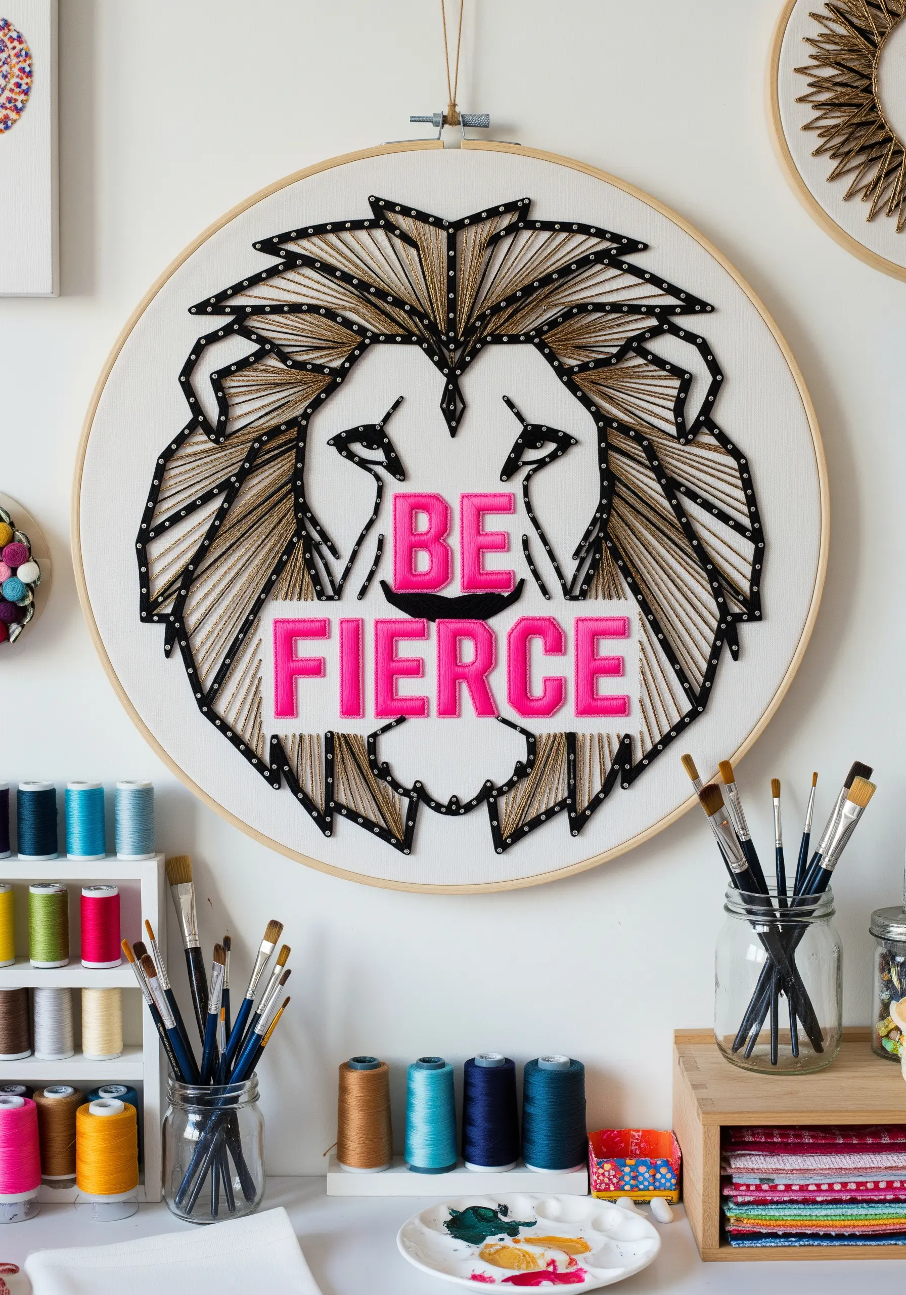 String art lion head with a bold black outline and a 'BE FIERCE' quote in bright pink.