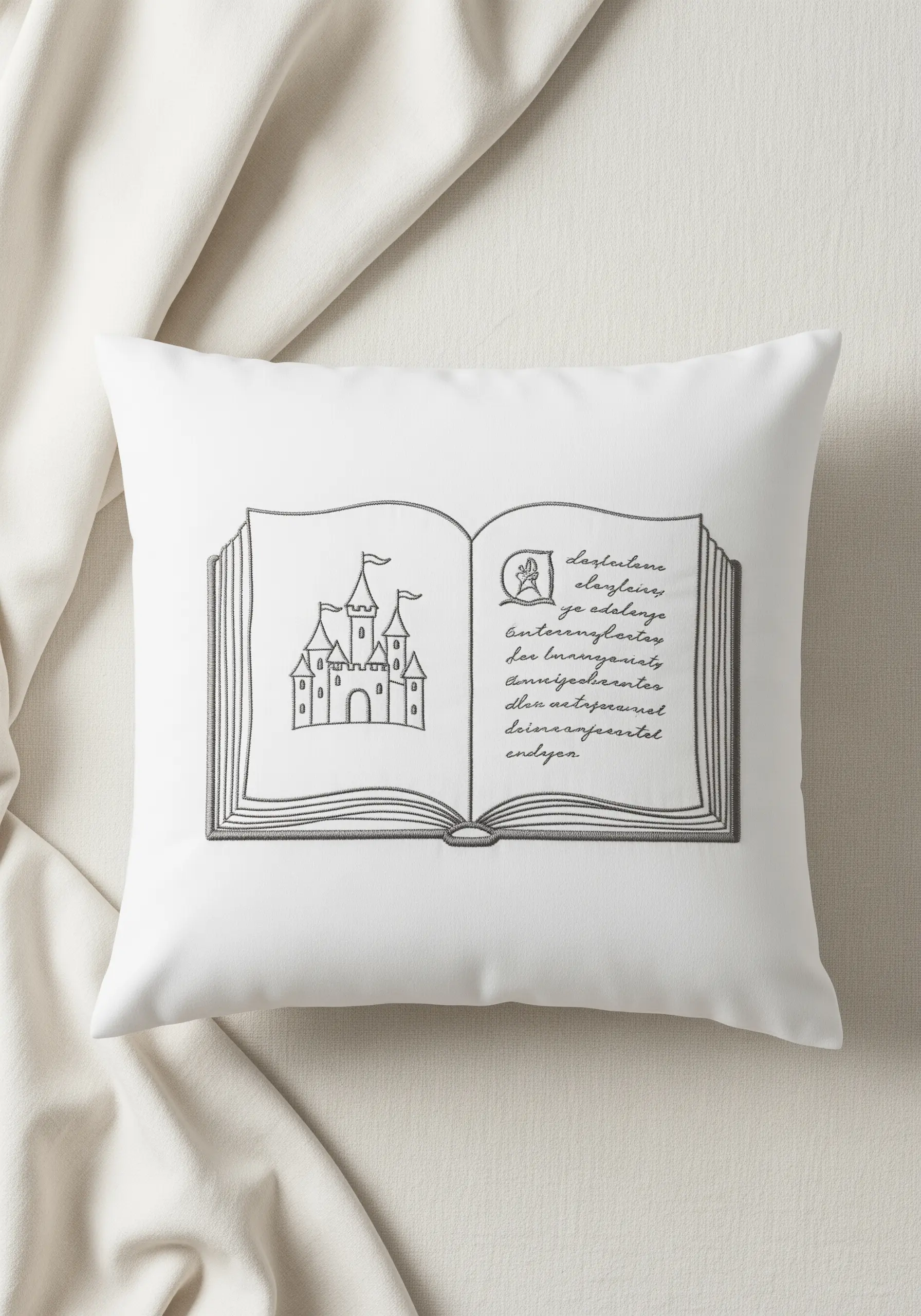 An embroidered open storybook with a castle illustration and script text.
