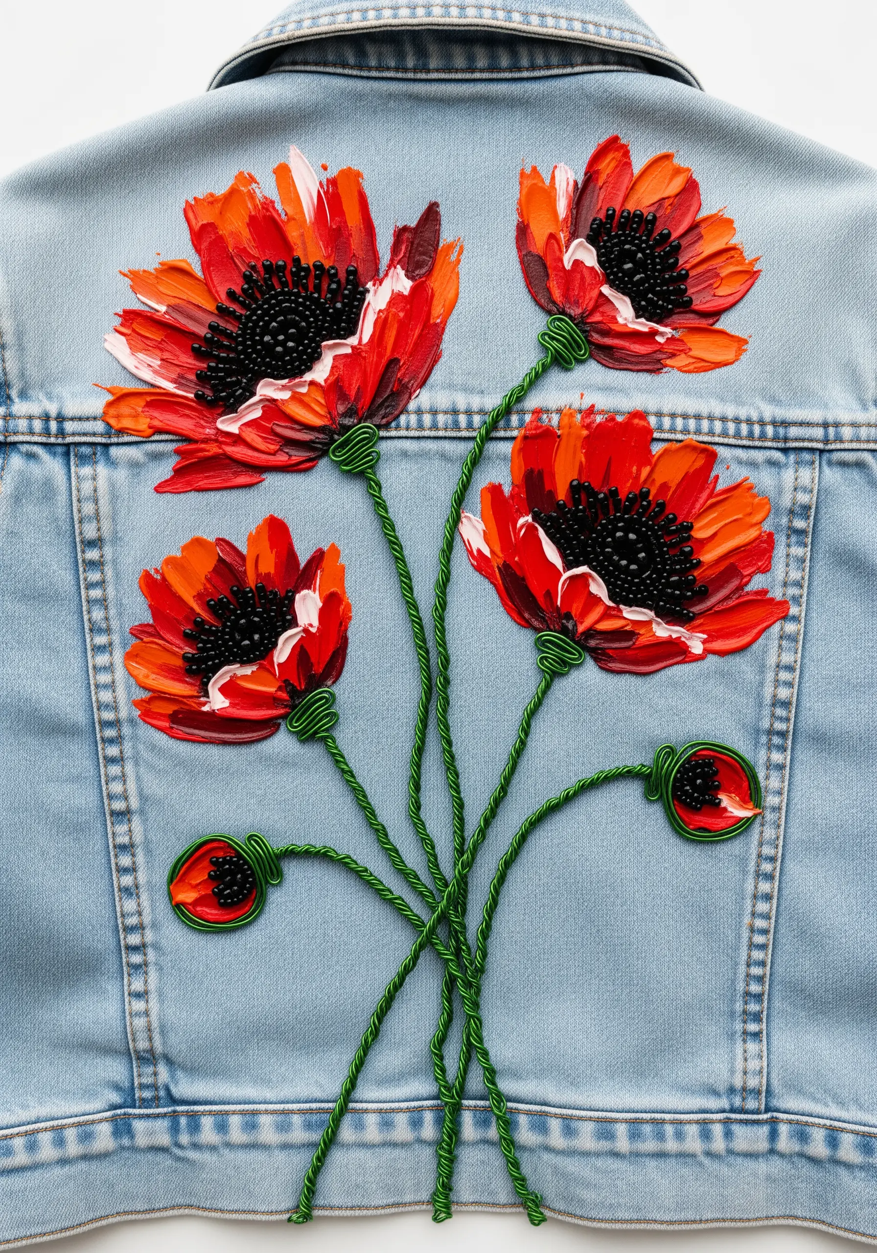Painted impasto poppies on a denim jacket with beaded centers and wrapped wire stems.