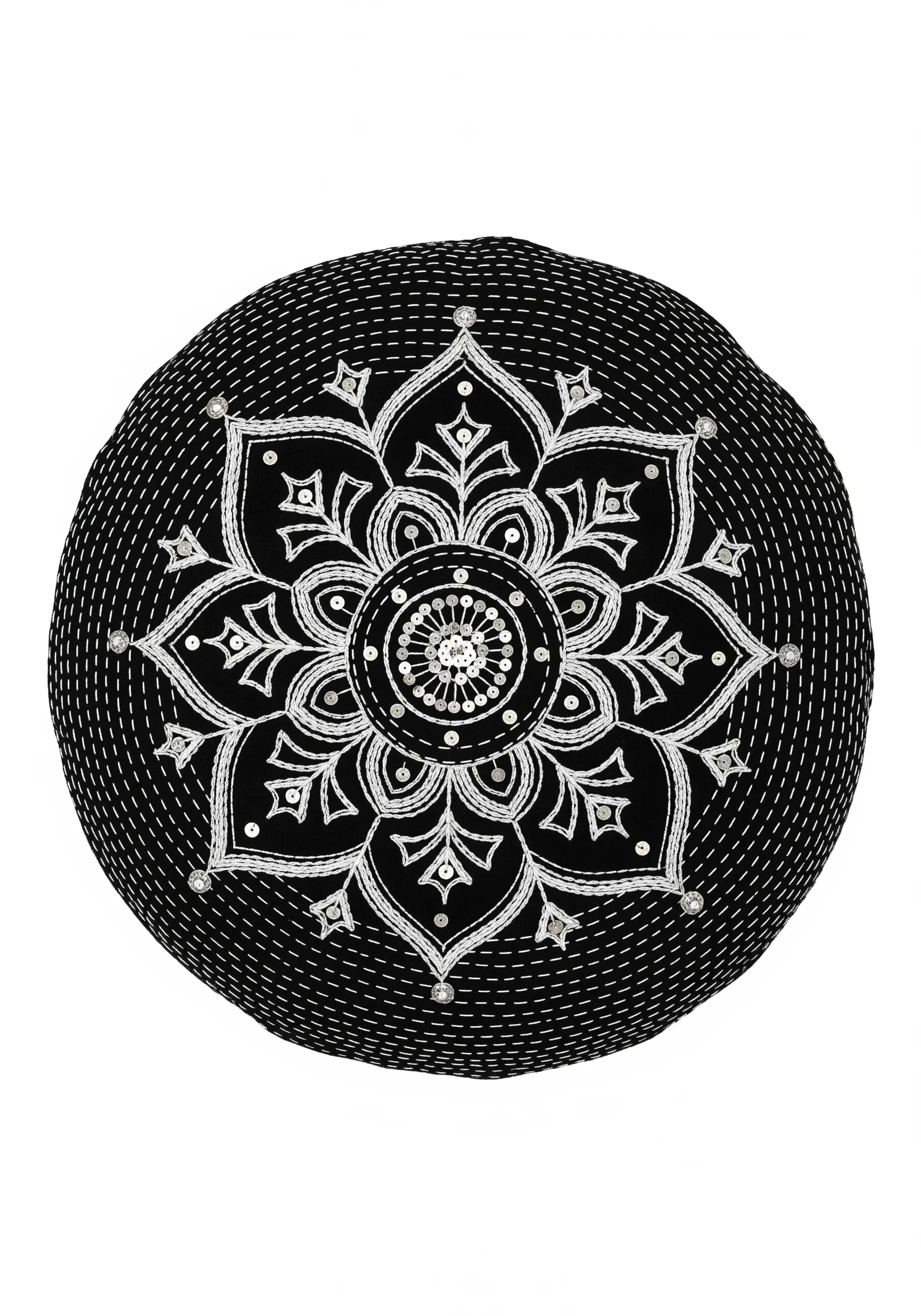 A silver mandala with sequins on a black round cushion with Kantha running stitch