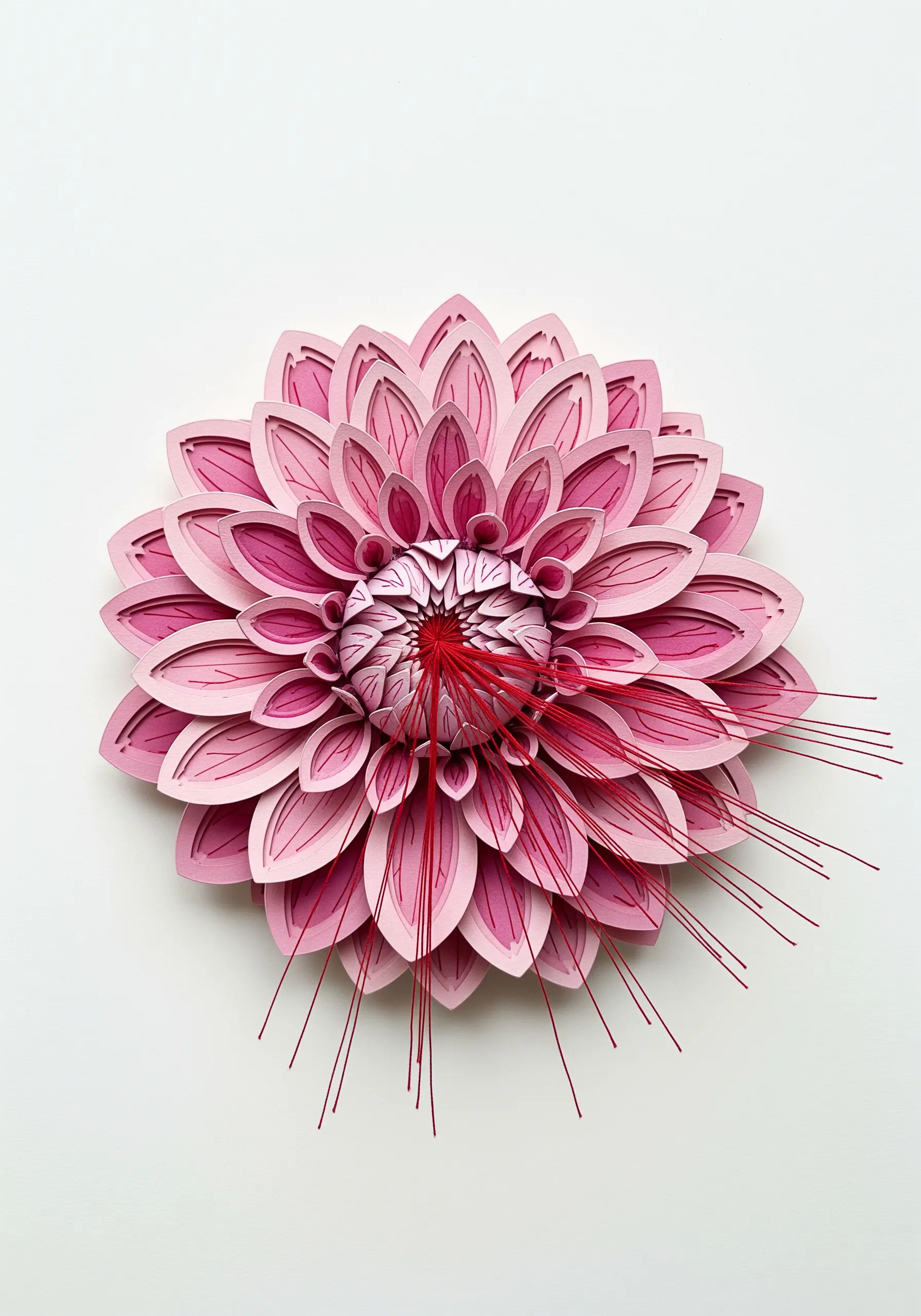 A layered pink paper dahlia with long, fine red threads extending from the center as stamen.