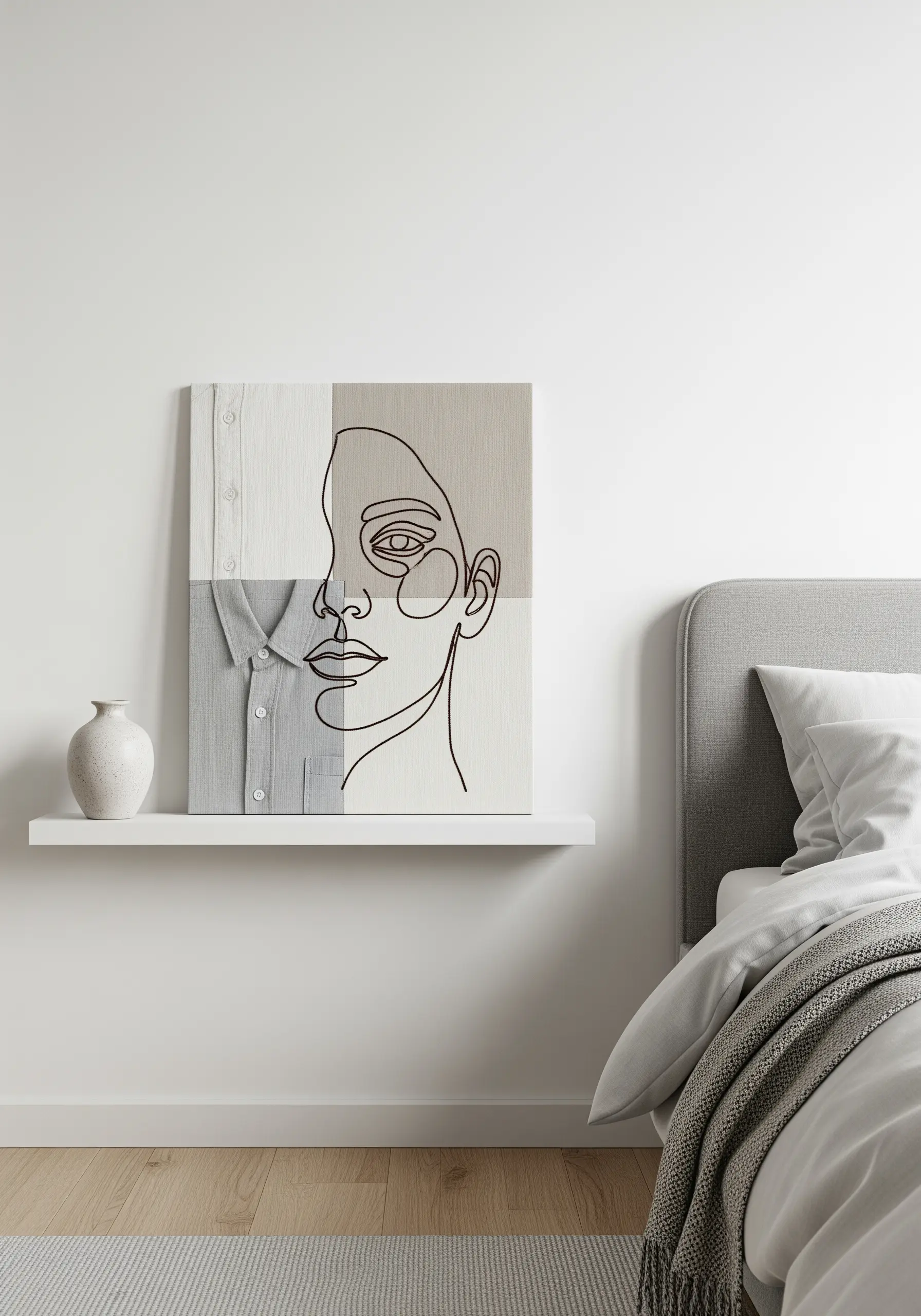 Minimalist line art face embroidered over a canvas made from collaged neutral shirts.