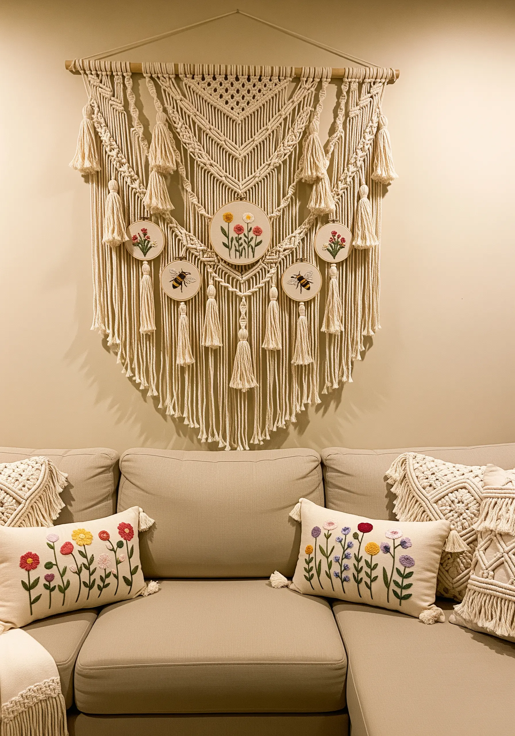 A large macrame wall hanging with small floral and bee embroidery hoops woven into the design.