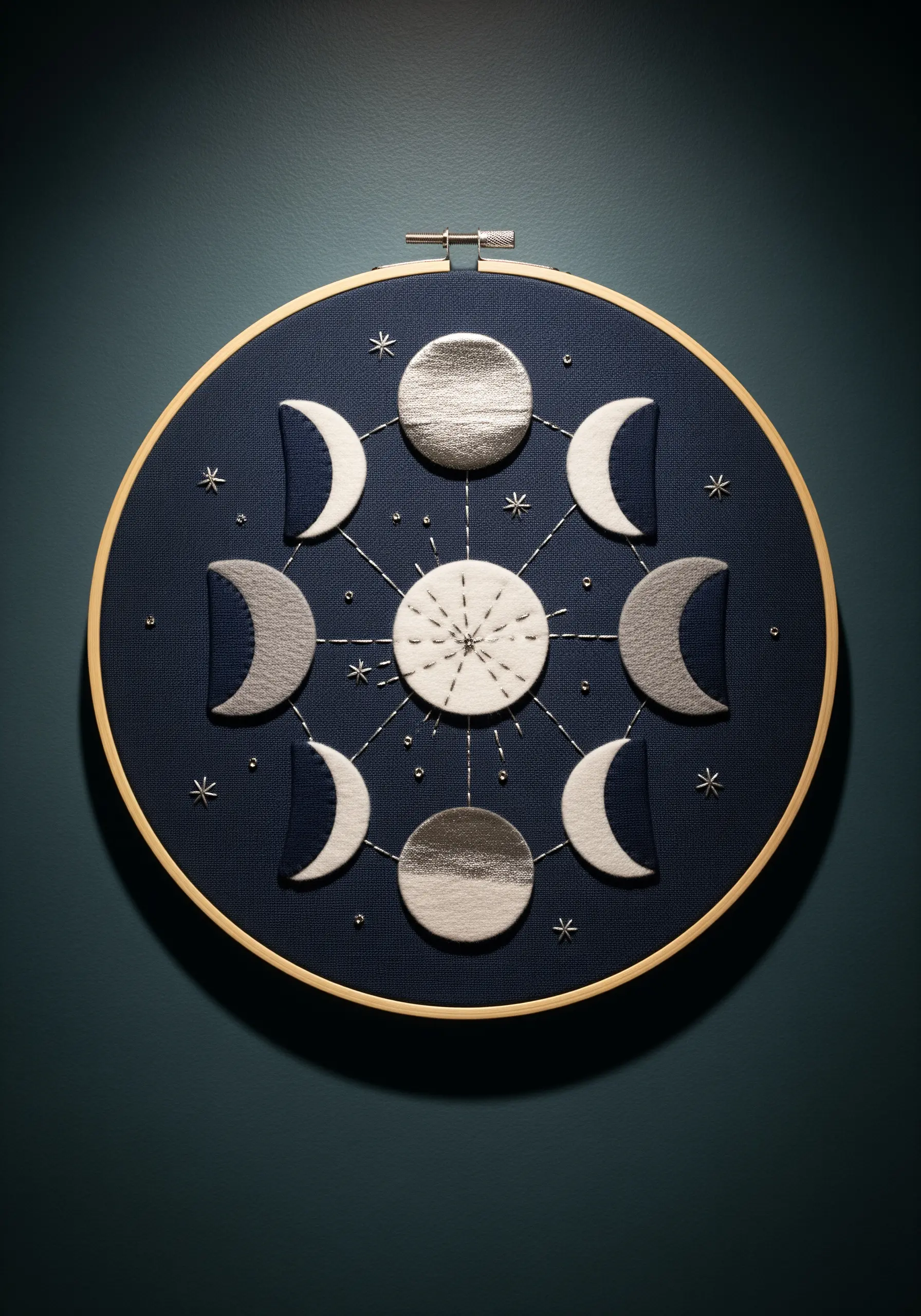 A fabric collage of the moon phases in a circle, using metallic and matte fabrics.