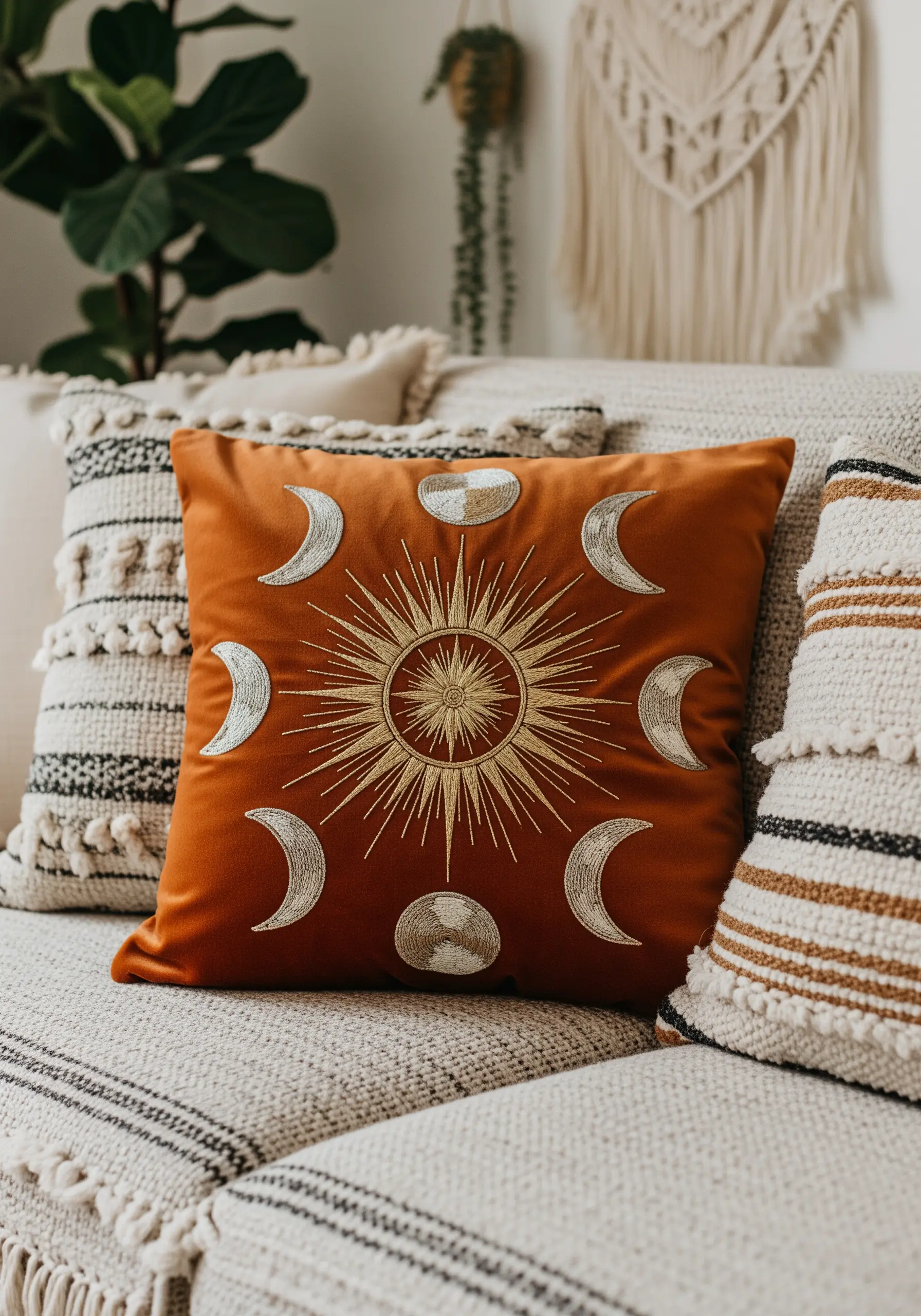 A celestial design with a sun and moon phases on a rust-colored pillow.