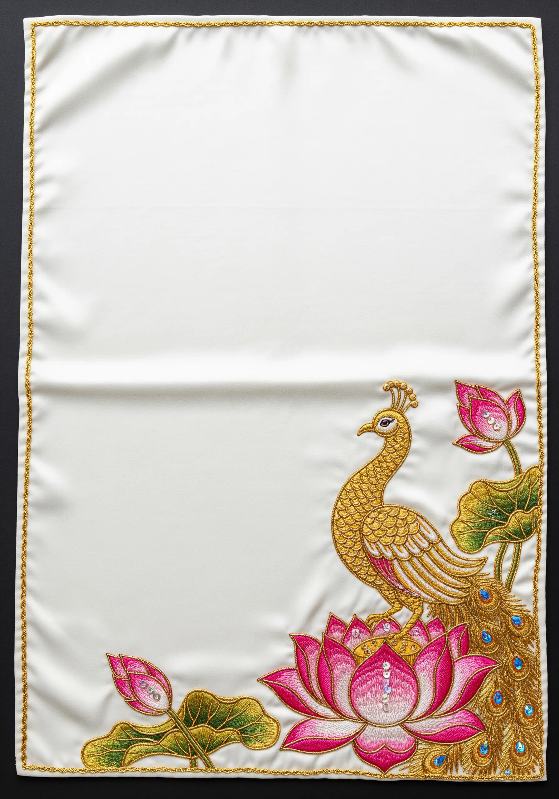 Goldwork embroidery of a peacock and lotus on a white satin placemat with sequin details.