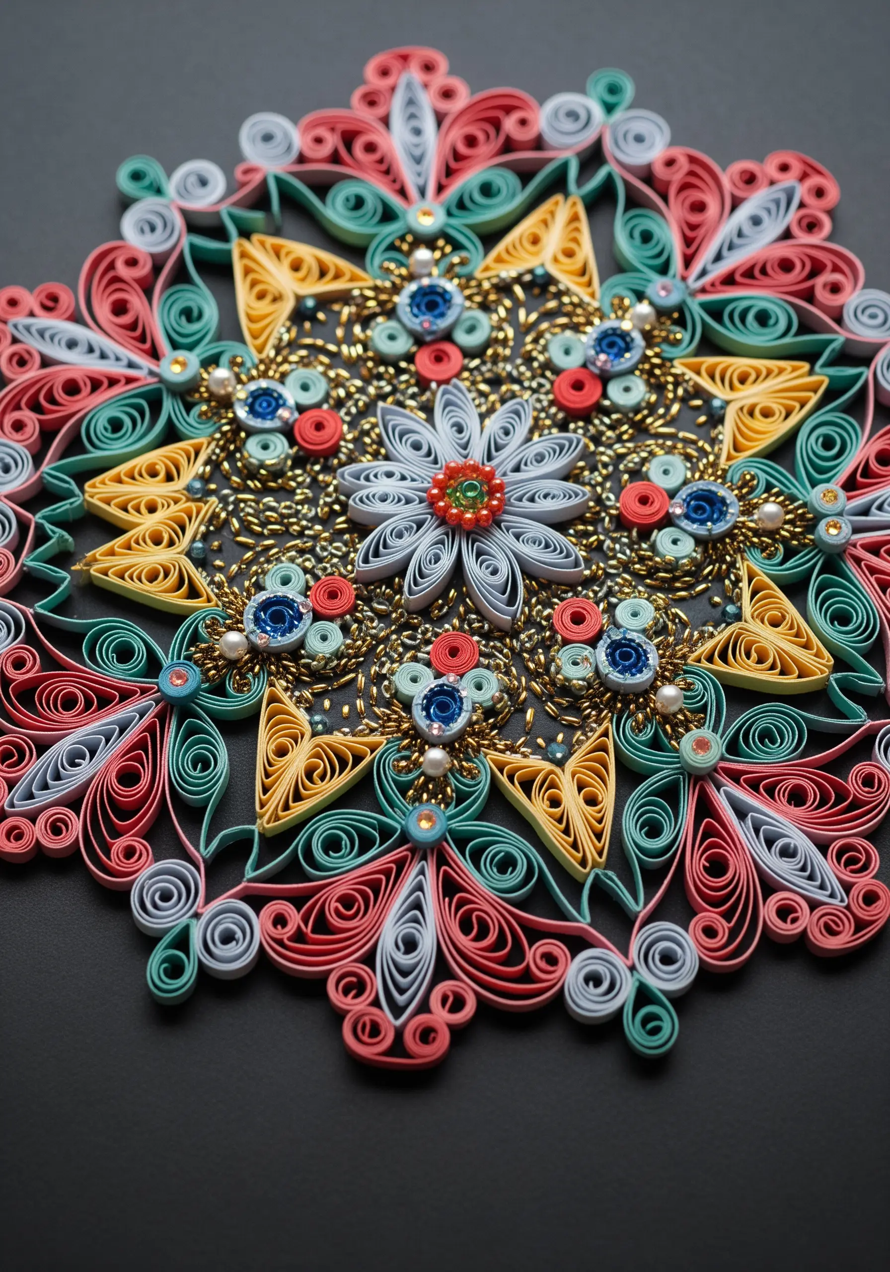 An intricate paper quilling mandala featuring colorful paper coils, gold beads, and stitched elements.