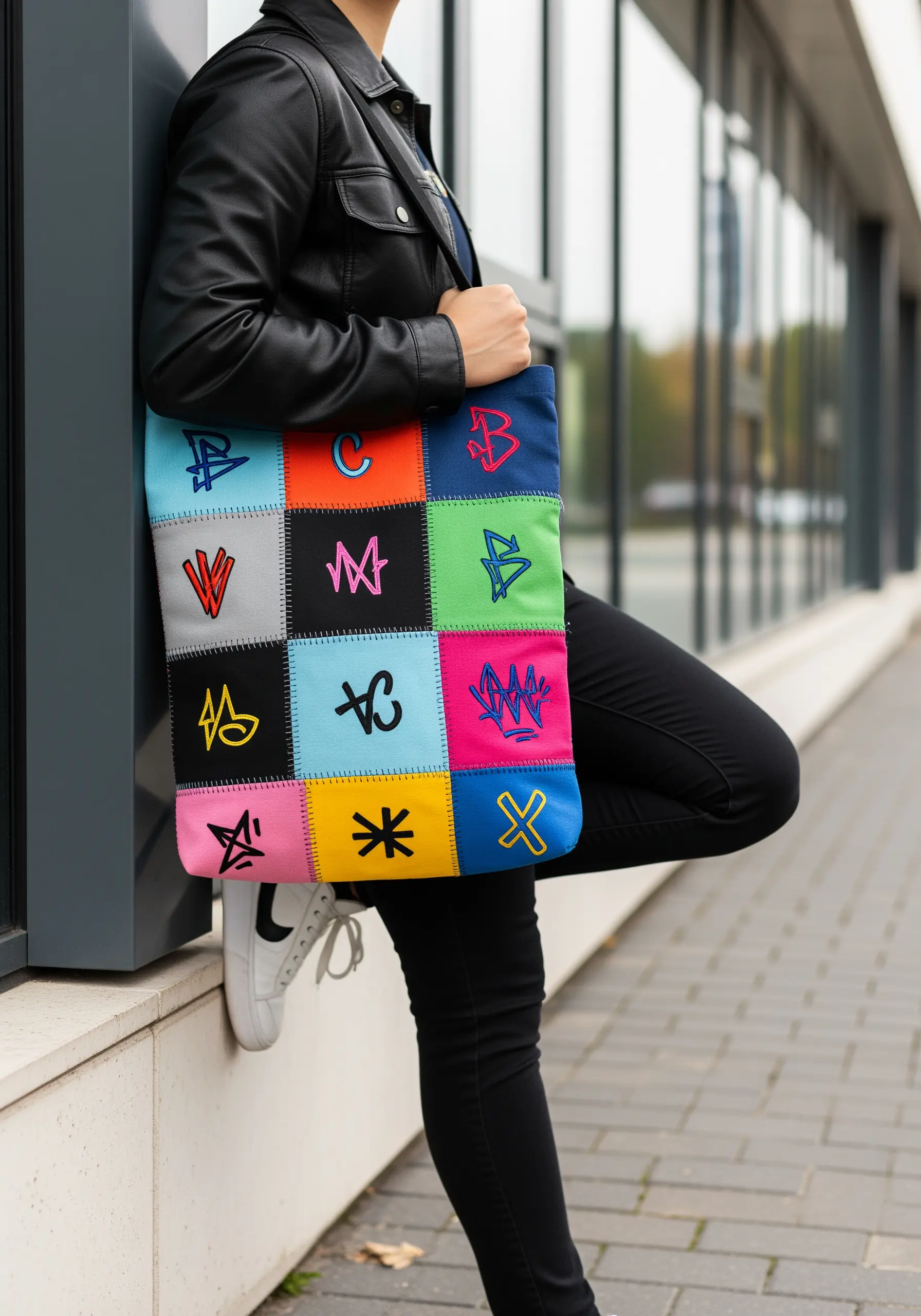A patchwork tote bag with different graffiti-style letters embroidered on each color block.