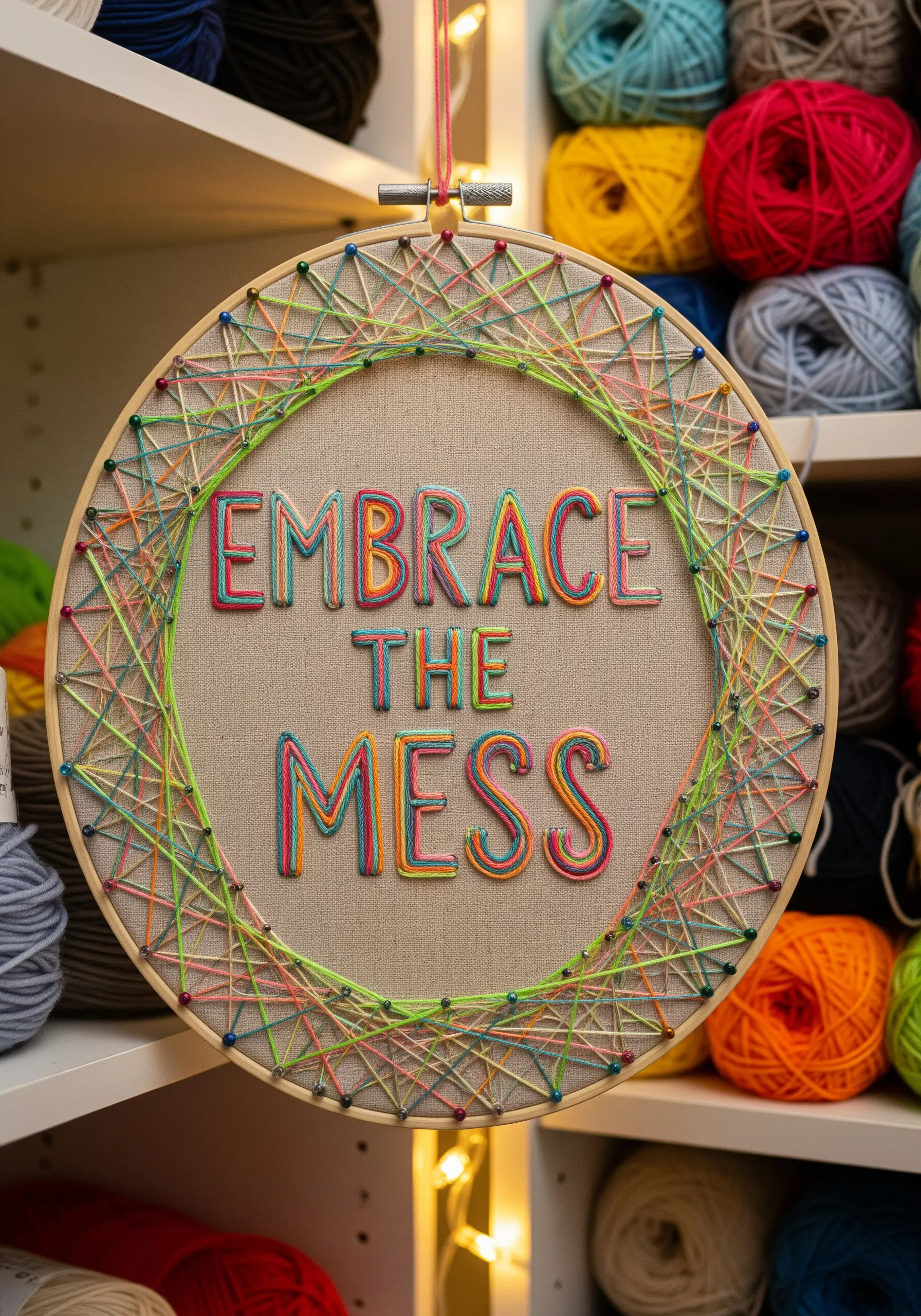 Hoop art with 'EMBRACE THE MESS' in rainbow thread and a multi-colored string art border.