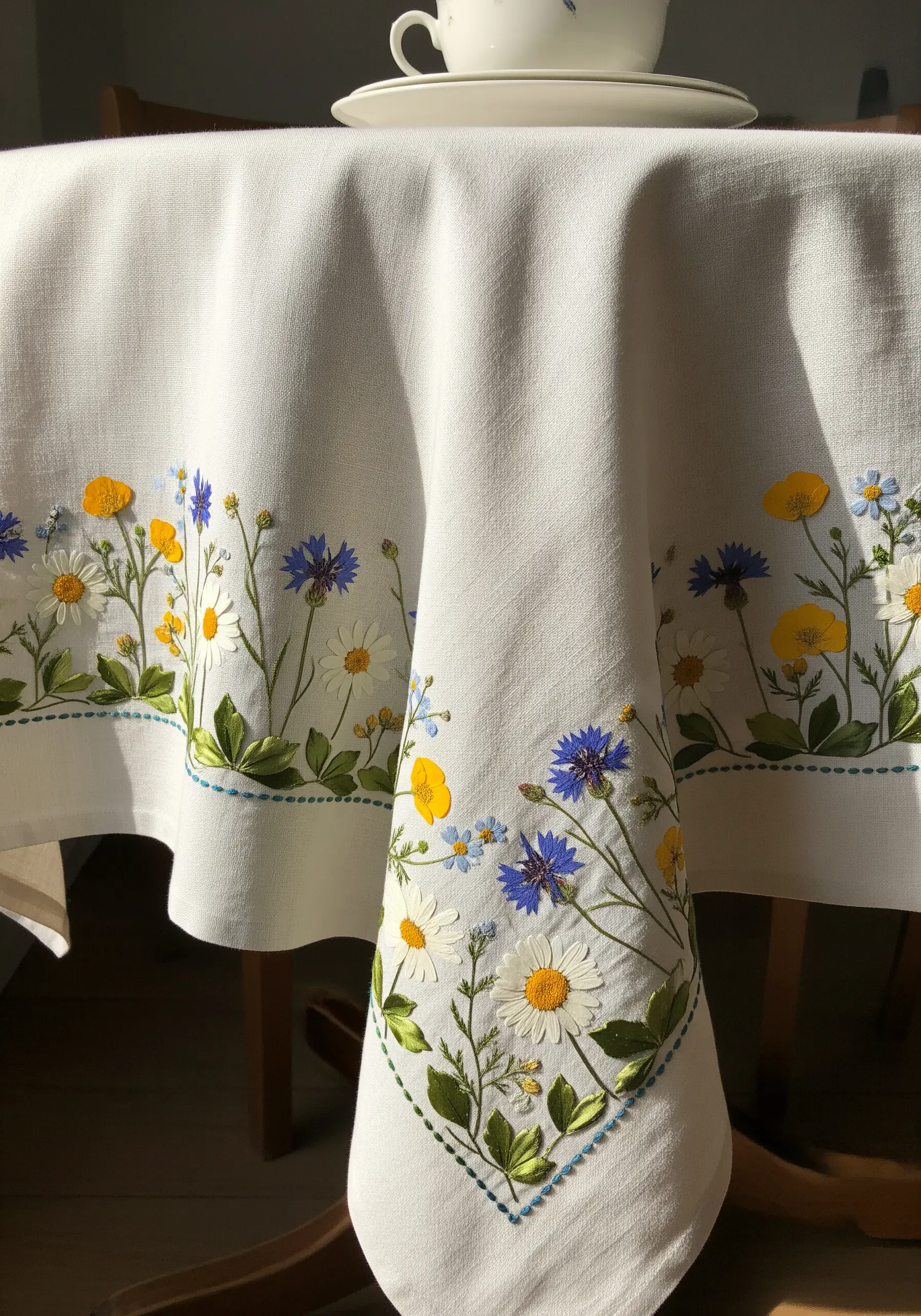 A white tablecloth corner embroidered with a border of colorful wildflowers using thread and ribbon.