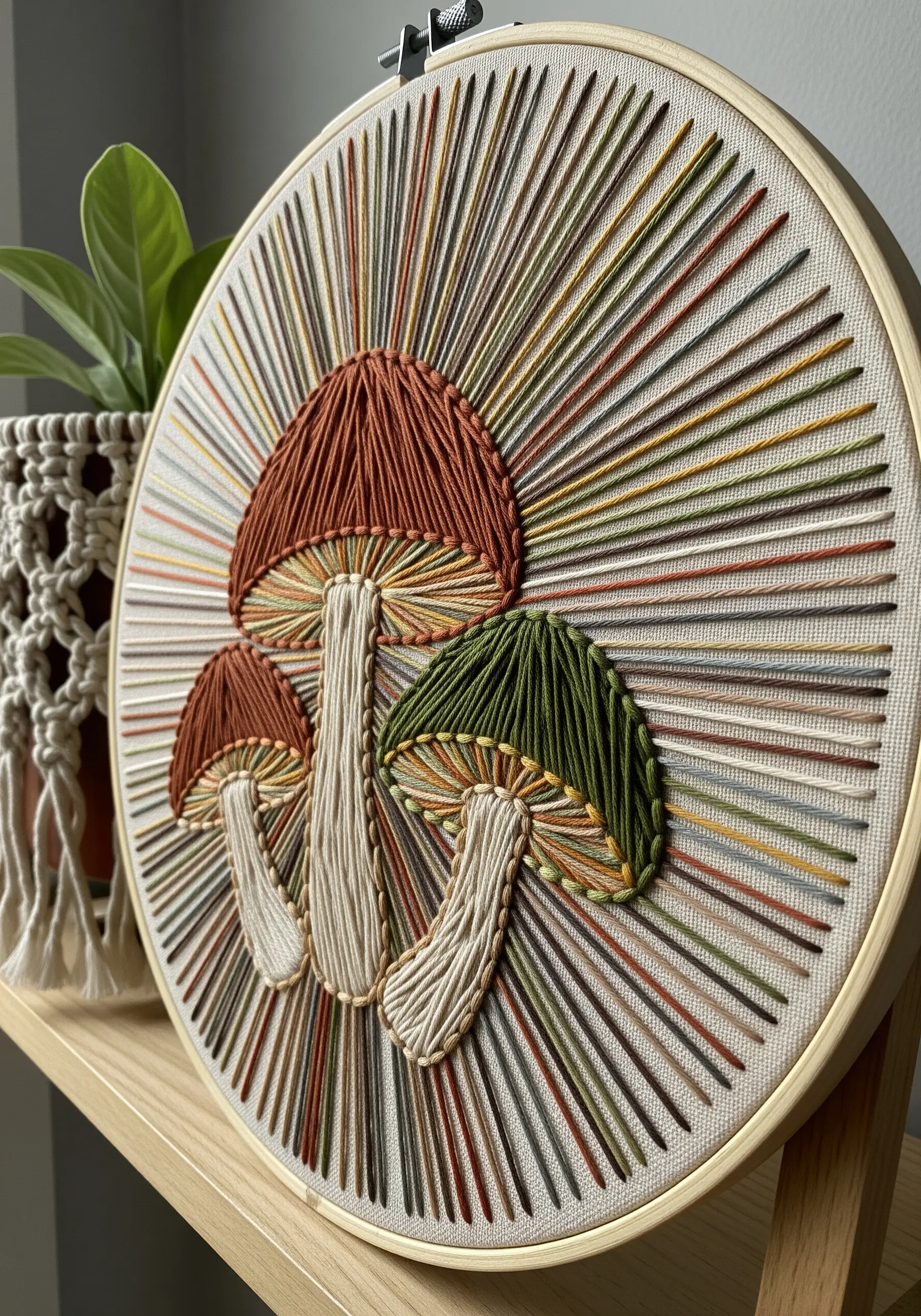 Embroidery hoop art of three mushrooms with a background of radiating straight stitches