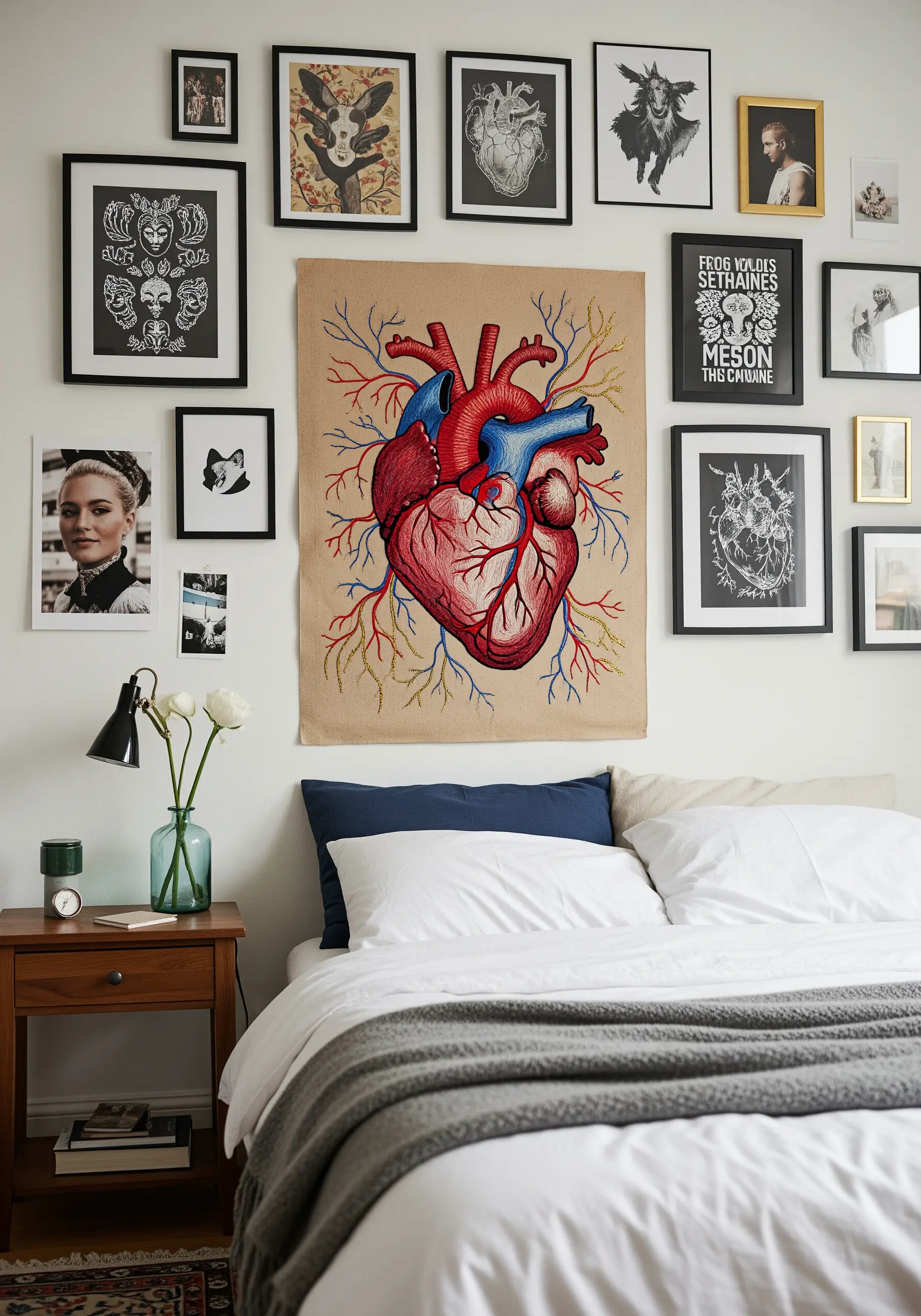 Anatomical heart embroidery with detailed arteries and veins, part of a gallery wall.