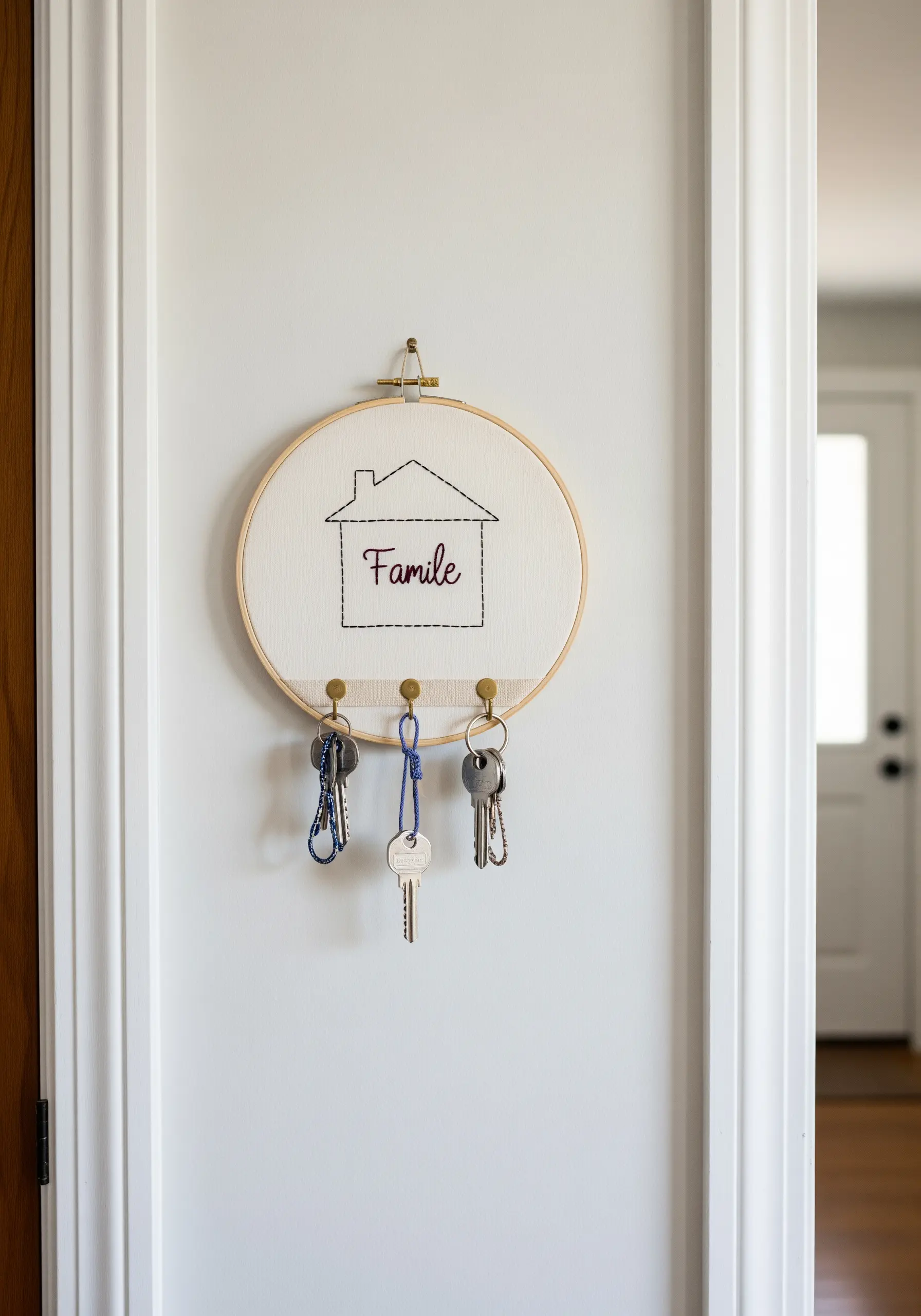 A simple embroidery hoop with a house motif and the word 'Familie' turned into a key holder.