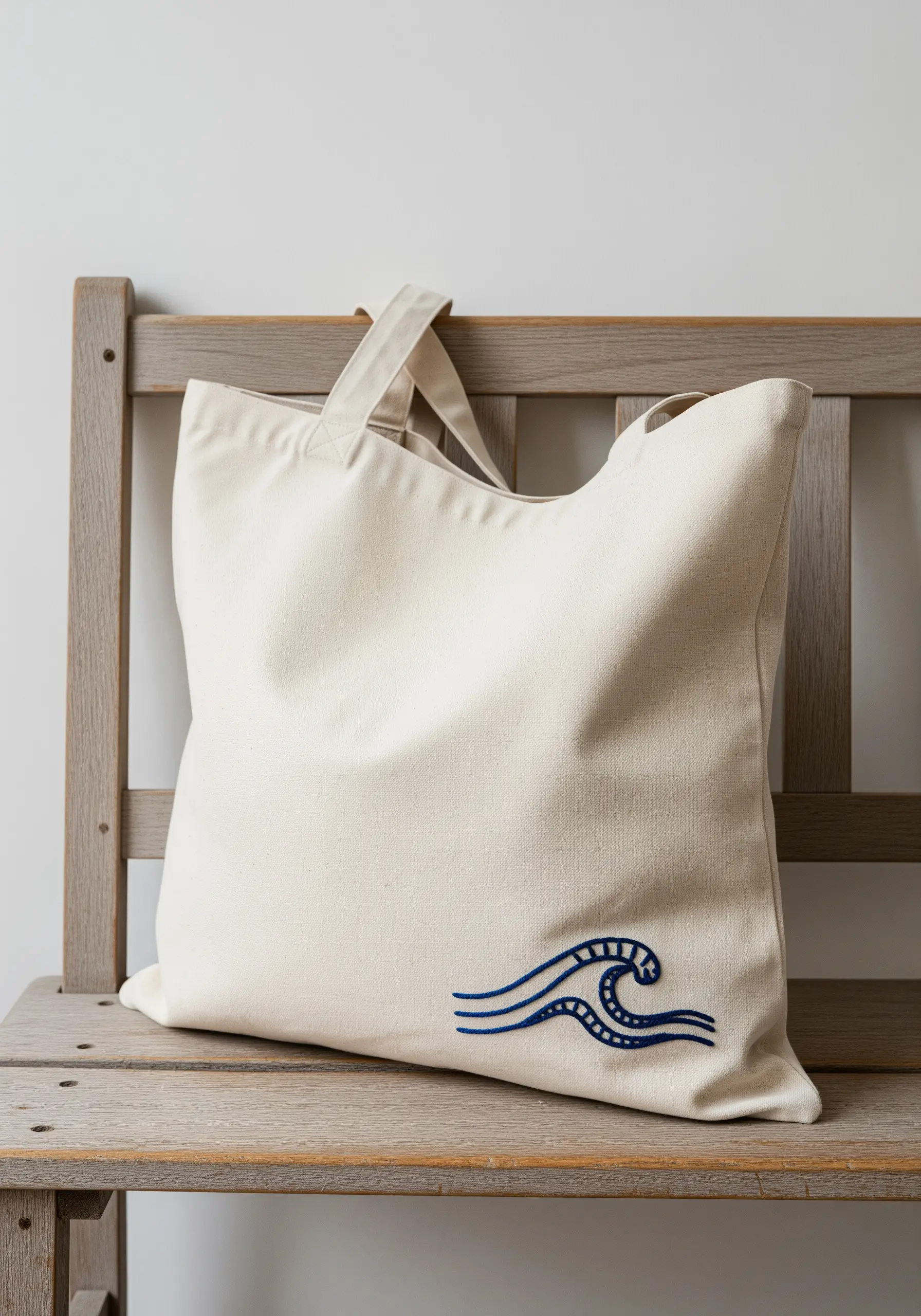 A stylized blue wave embroidered on the front of a cream-colored canvas tote bag.