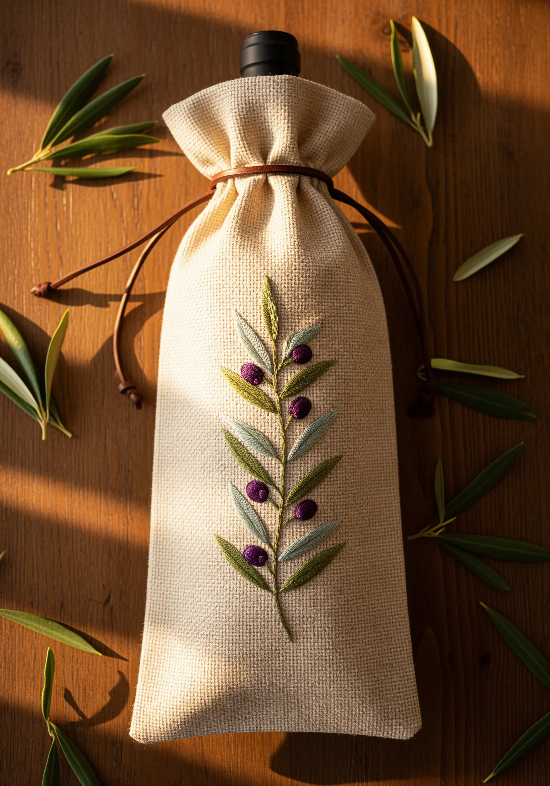 An embroidered olive branch with muted green leaves and dimensional purple berries on a wine bag.