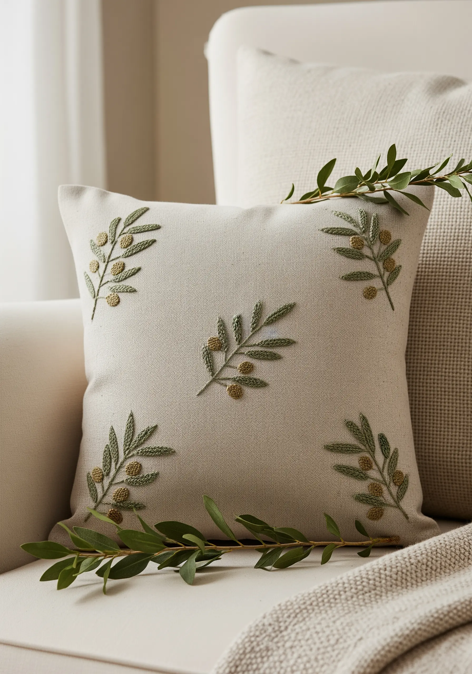 Embroidered olive branches with green leaves and textured knots for olives.