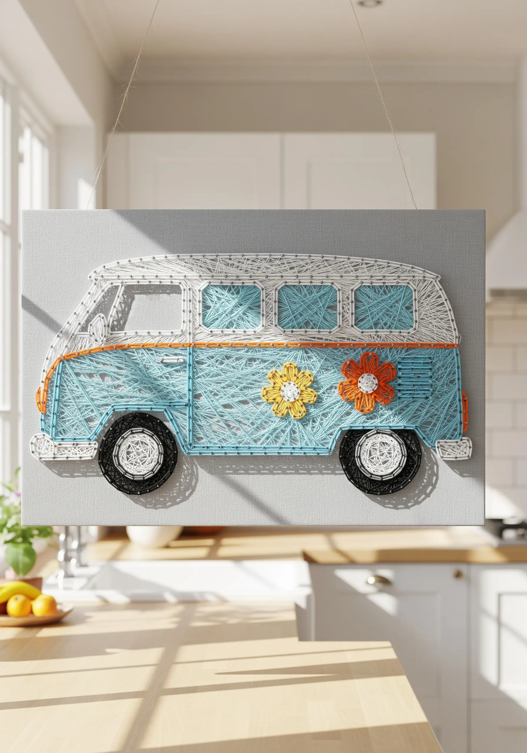 String art of a retro VW van with small embroidered flowers as appliqué details