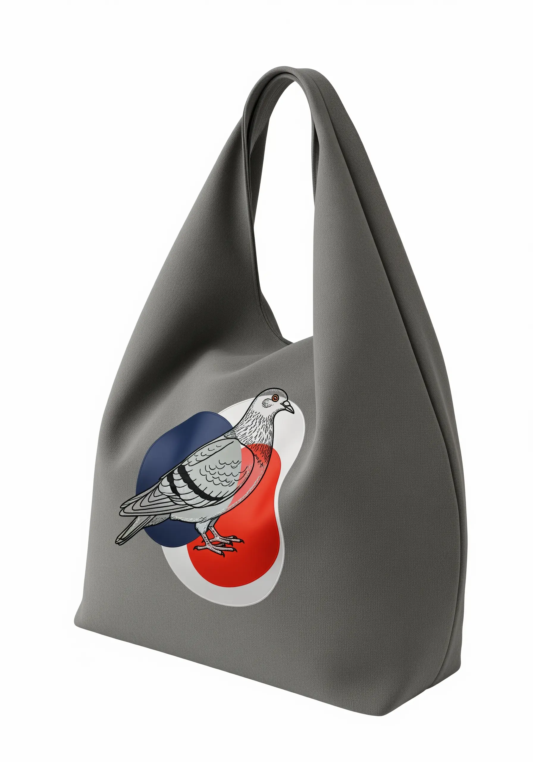 A realistic embroidered pigeon set against abstract red and blue color blocks.