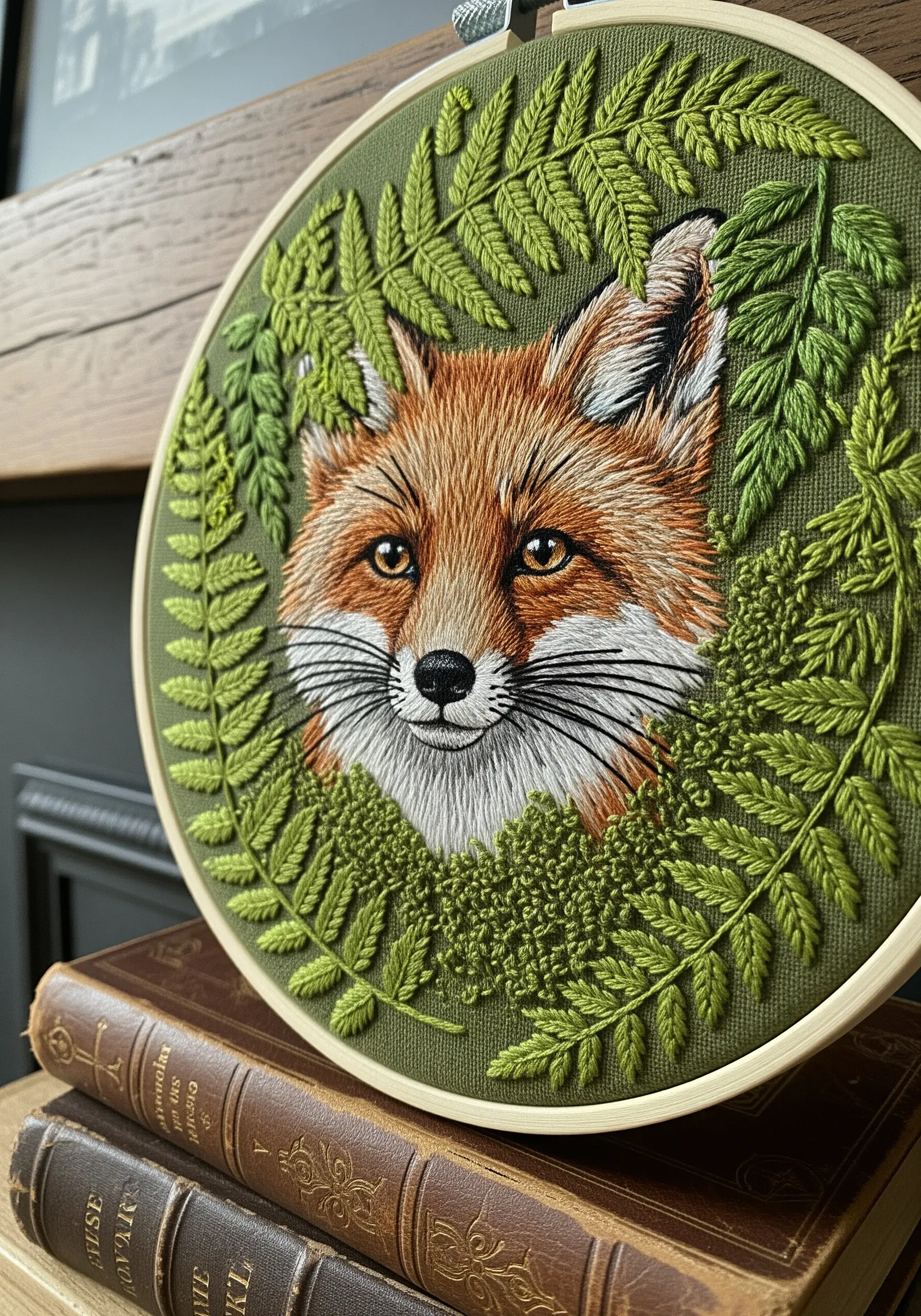 Detailed thread-painted fox face surrounded by dimensional green fern embroidery