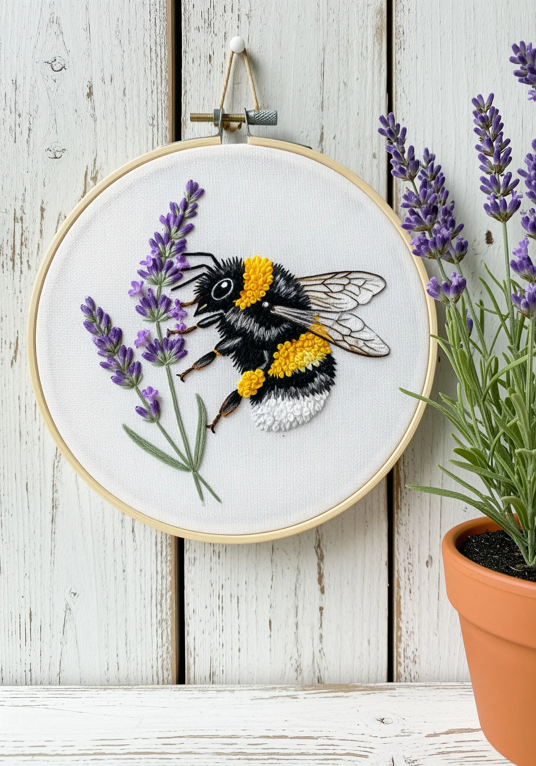 A bumblebee embroidery with fuzzy turkey work on its body and sheer organza wings.