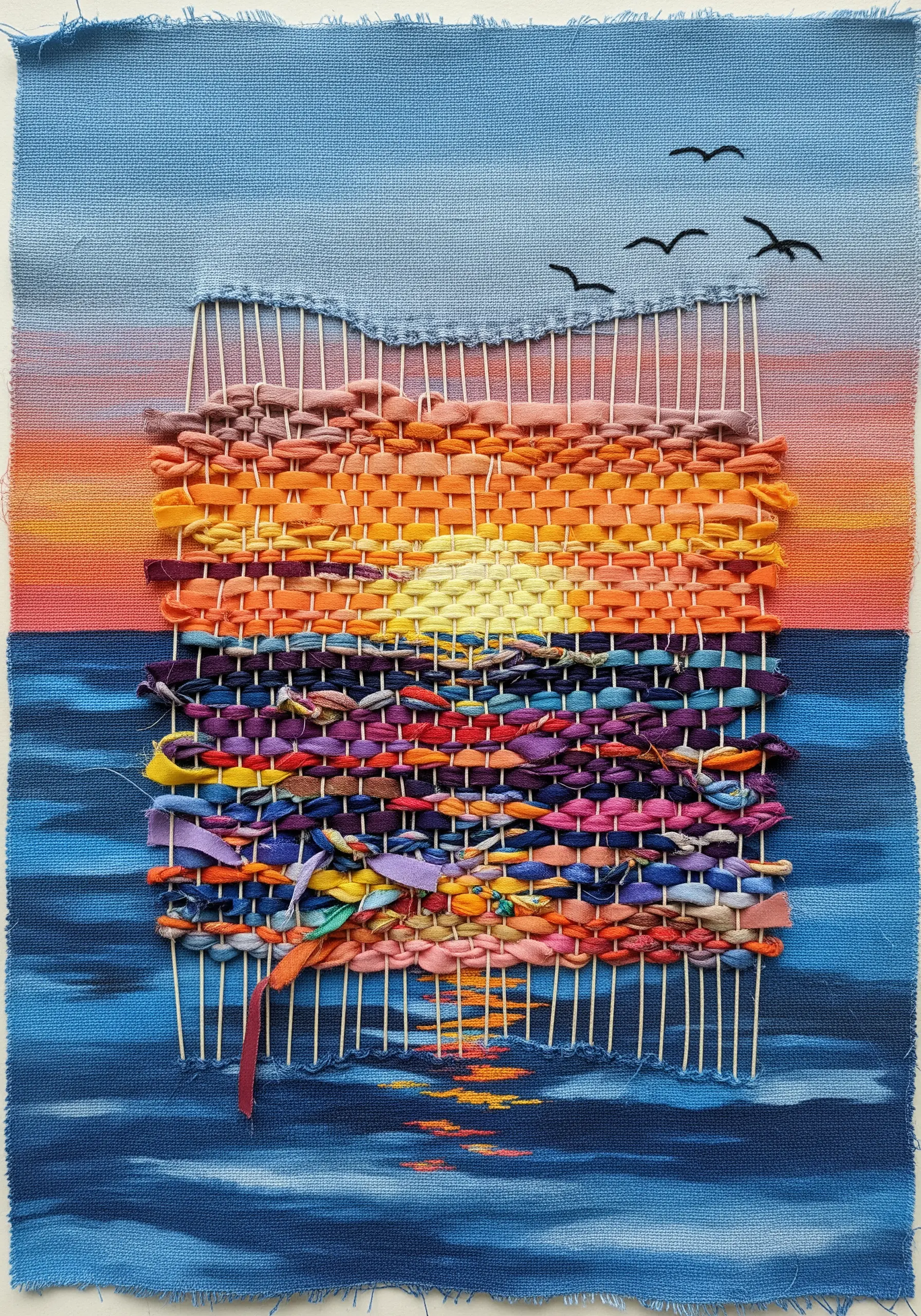 Mixed-media sunset over water, with a woven center, painted background, and embroidered birds.