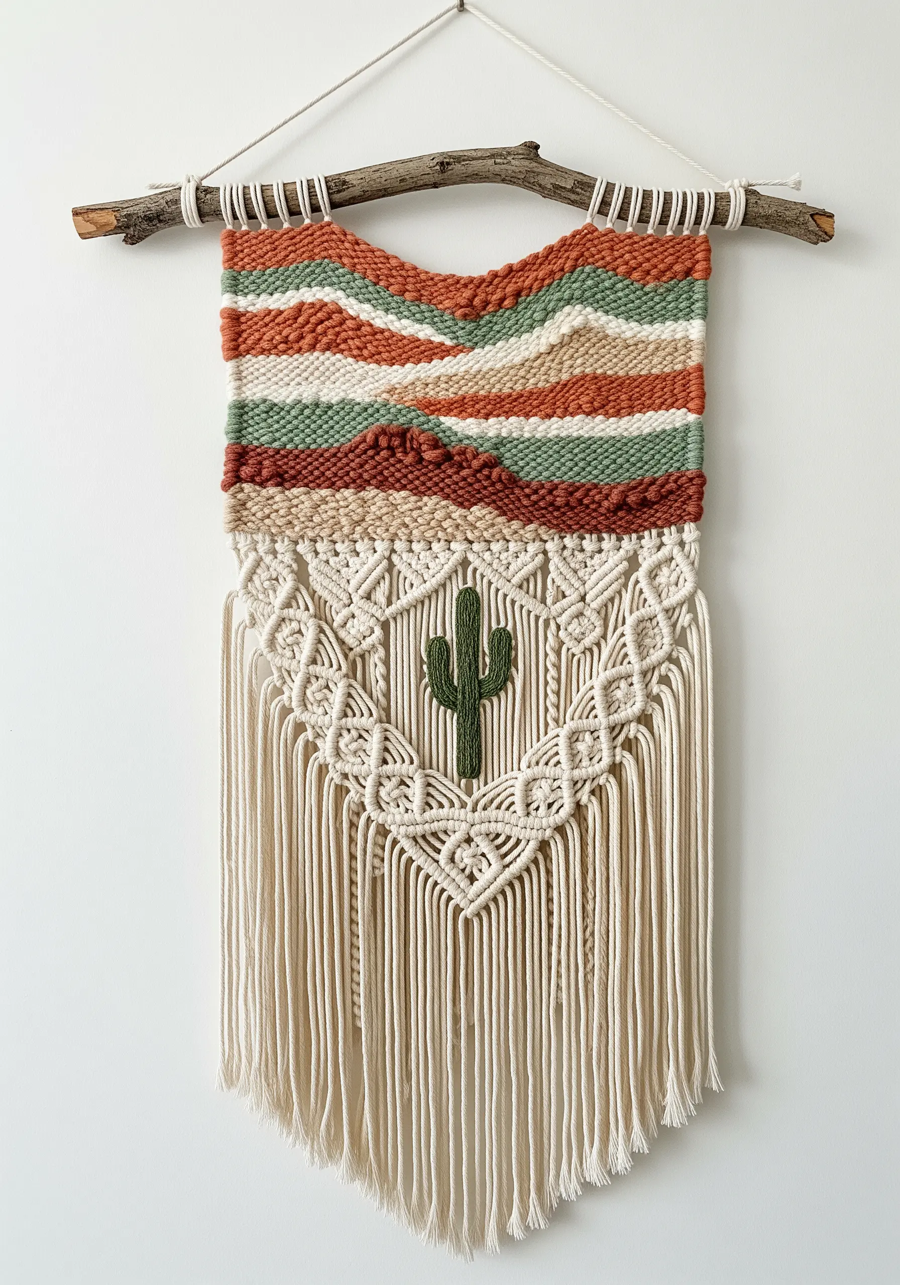 Macrame and woven wall hanging with a desert landscape and a central cactus motif.