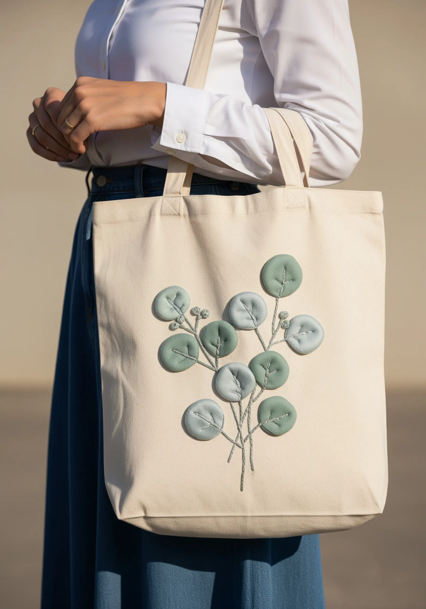Soft, muted green and blue fabric appliqué eucalyptus leaves stitched onto a canvas tote.