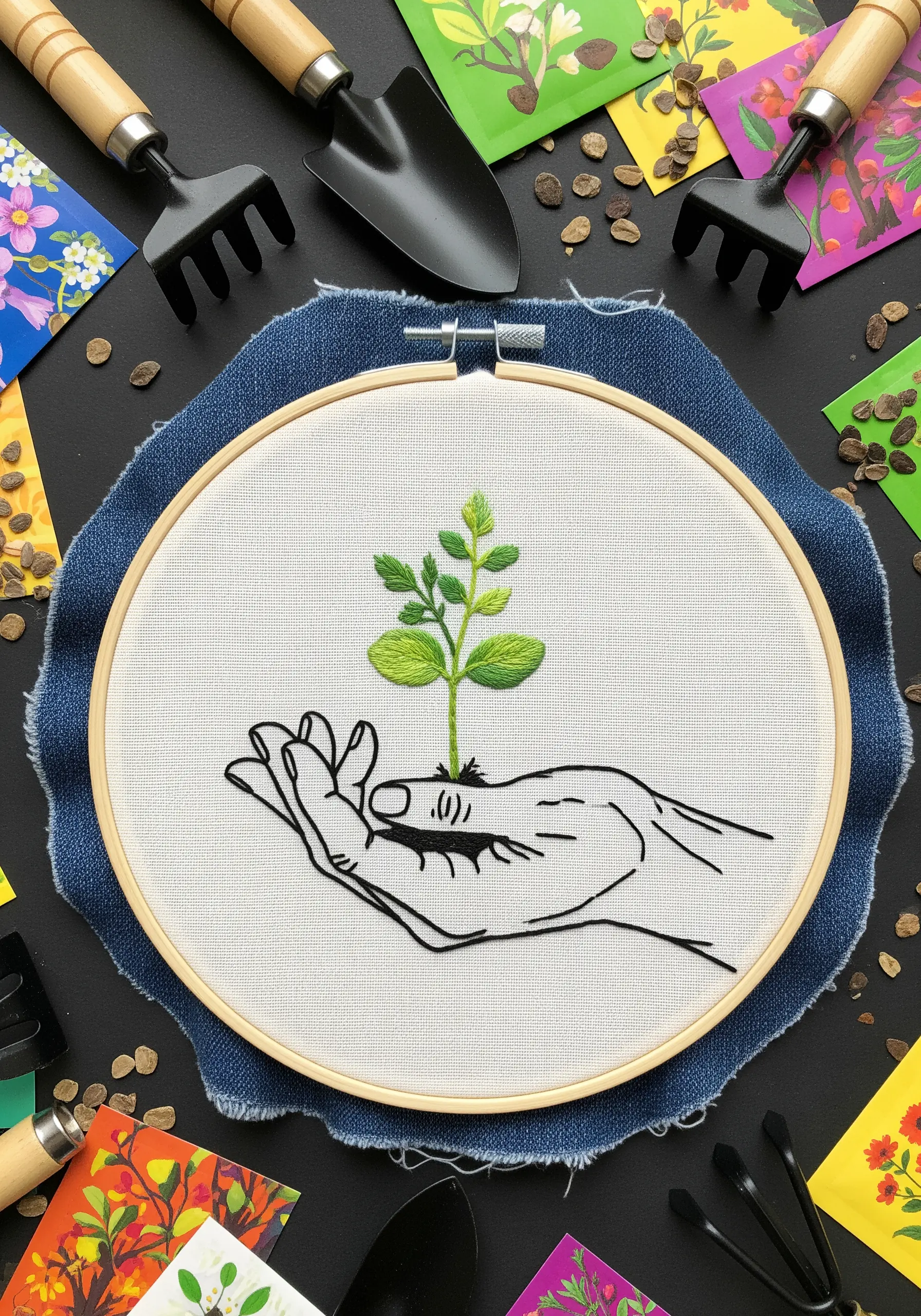 Hoop art combining black line art of a hand with a small, colorful embroidered seedling.