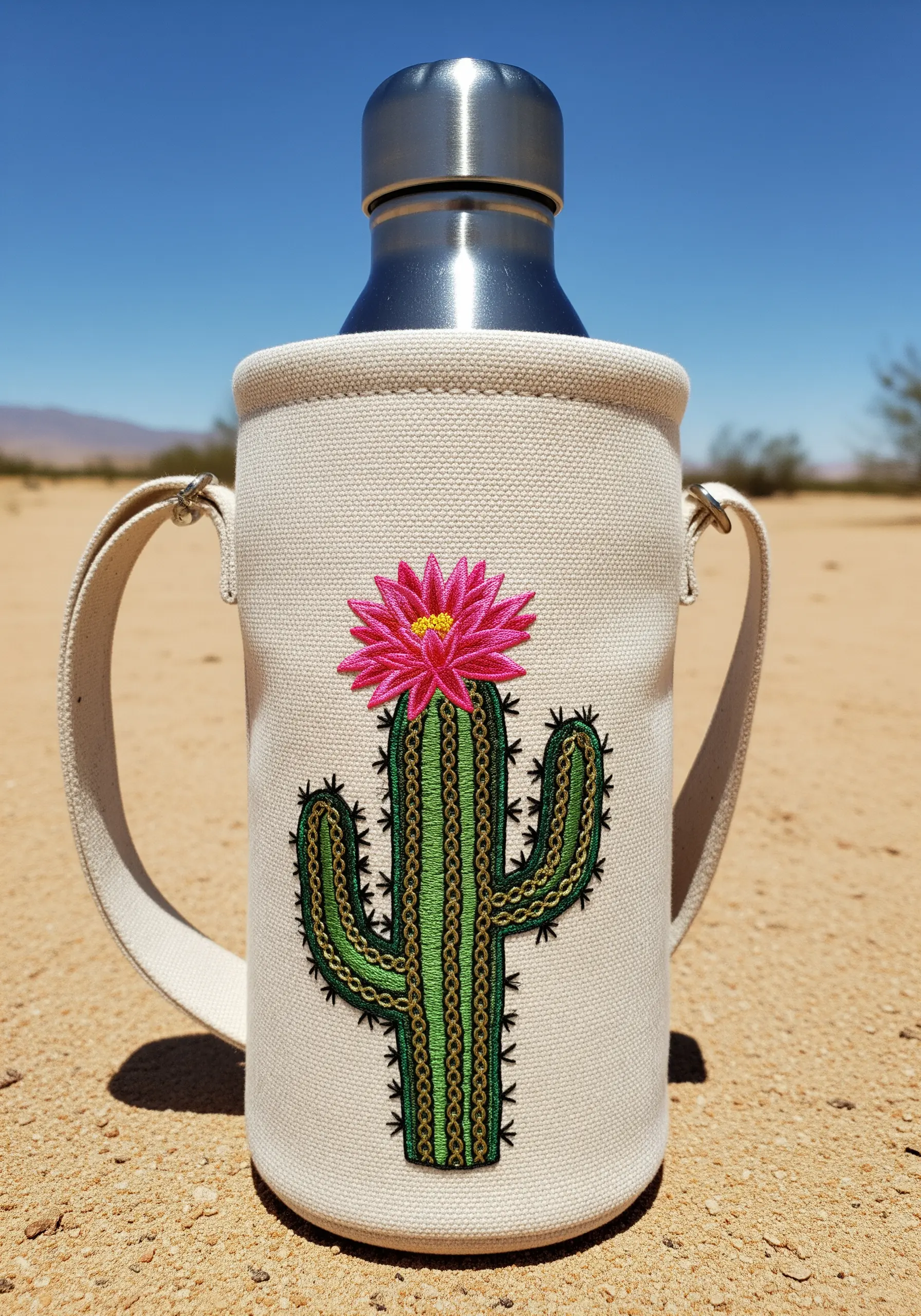 An embroidered cactus with a bright pink flower on a canvas water bottle holder.