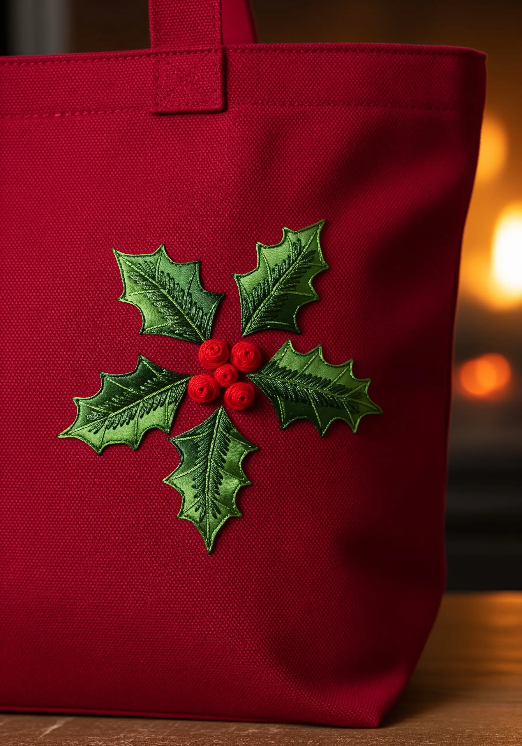 A cluster of embroidered holly leaves with 3D French knot berries on a red tote bag.