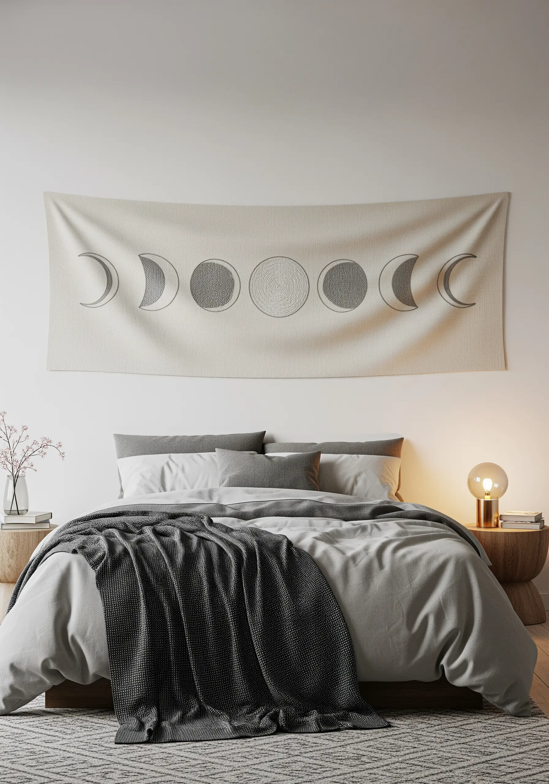 A long wall banner embroidered with the phases of the moon in a simple line.