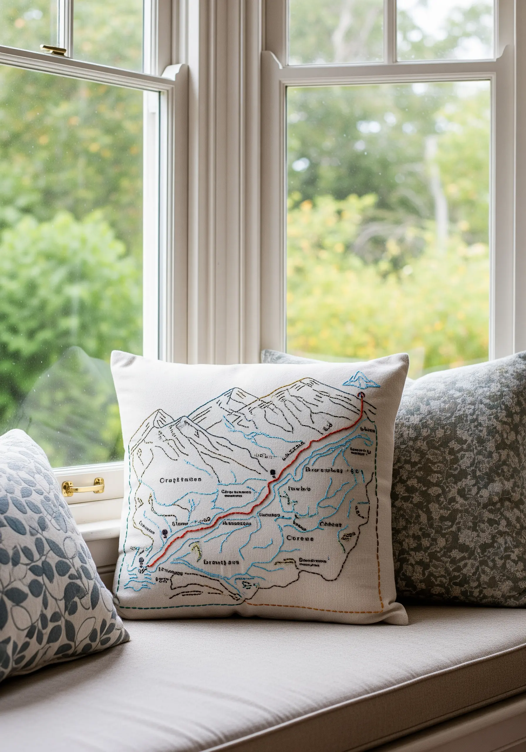 A pillow embroidered with a topographical map of a hiking trail.