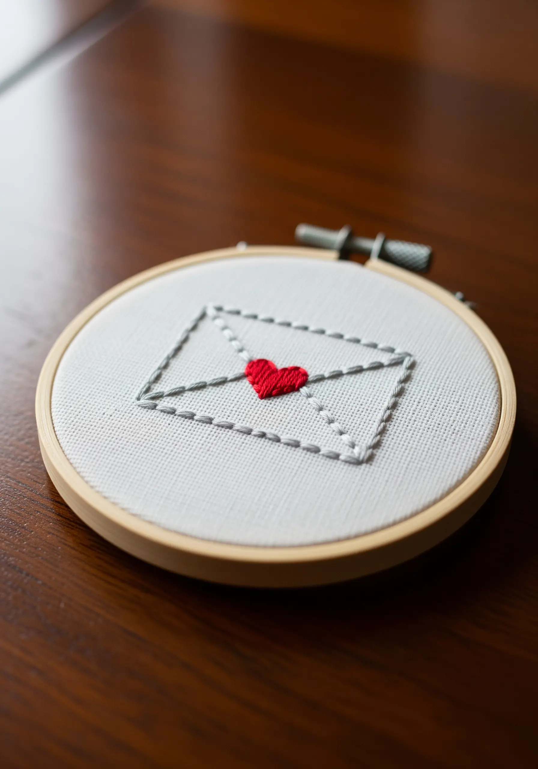 An envelope outlined in gray running stitch with a tiny, solid red heart.