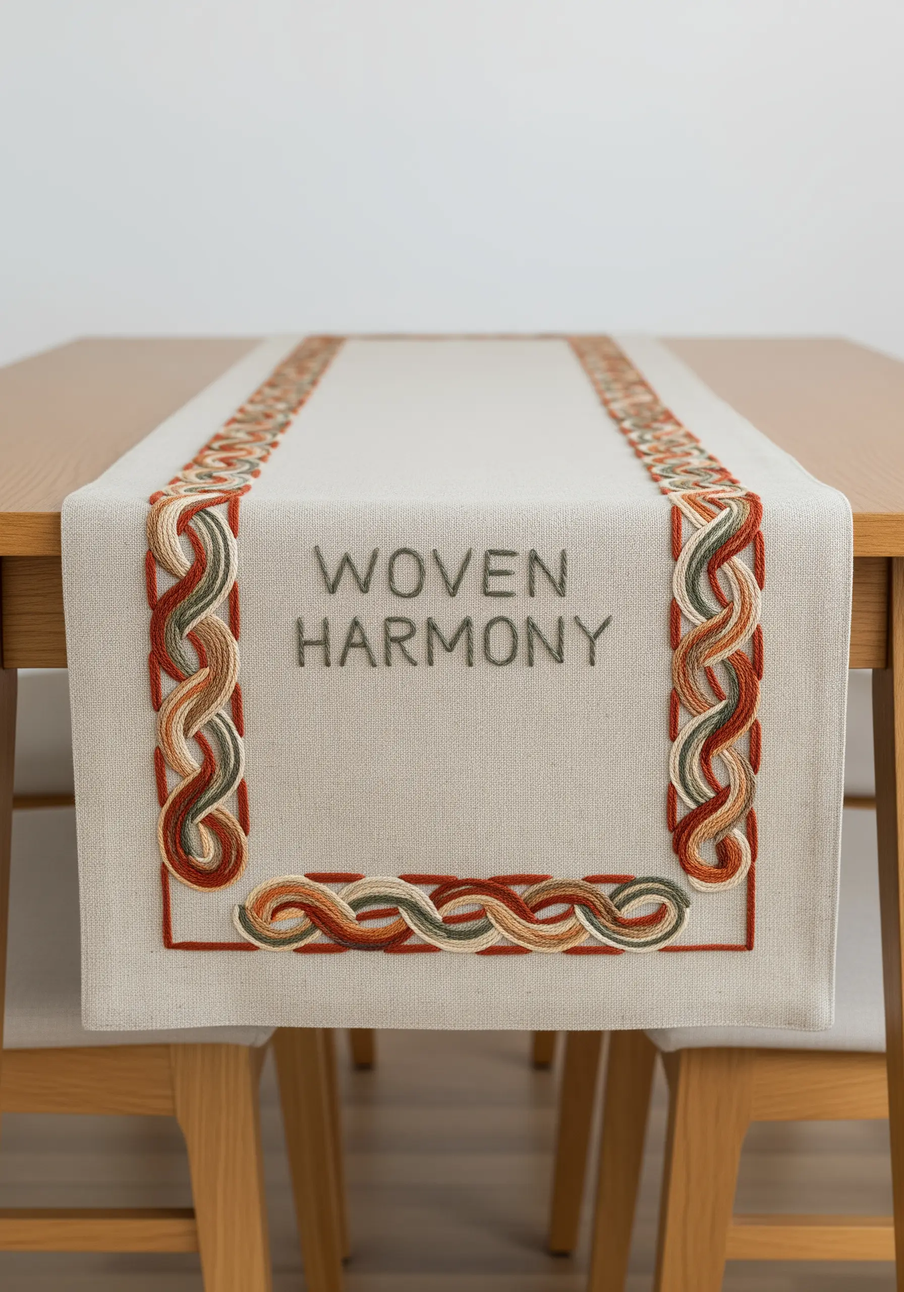 A table runner with a thick, woven border stitched in earthy tones of green, orange, and cream.