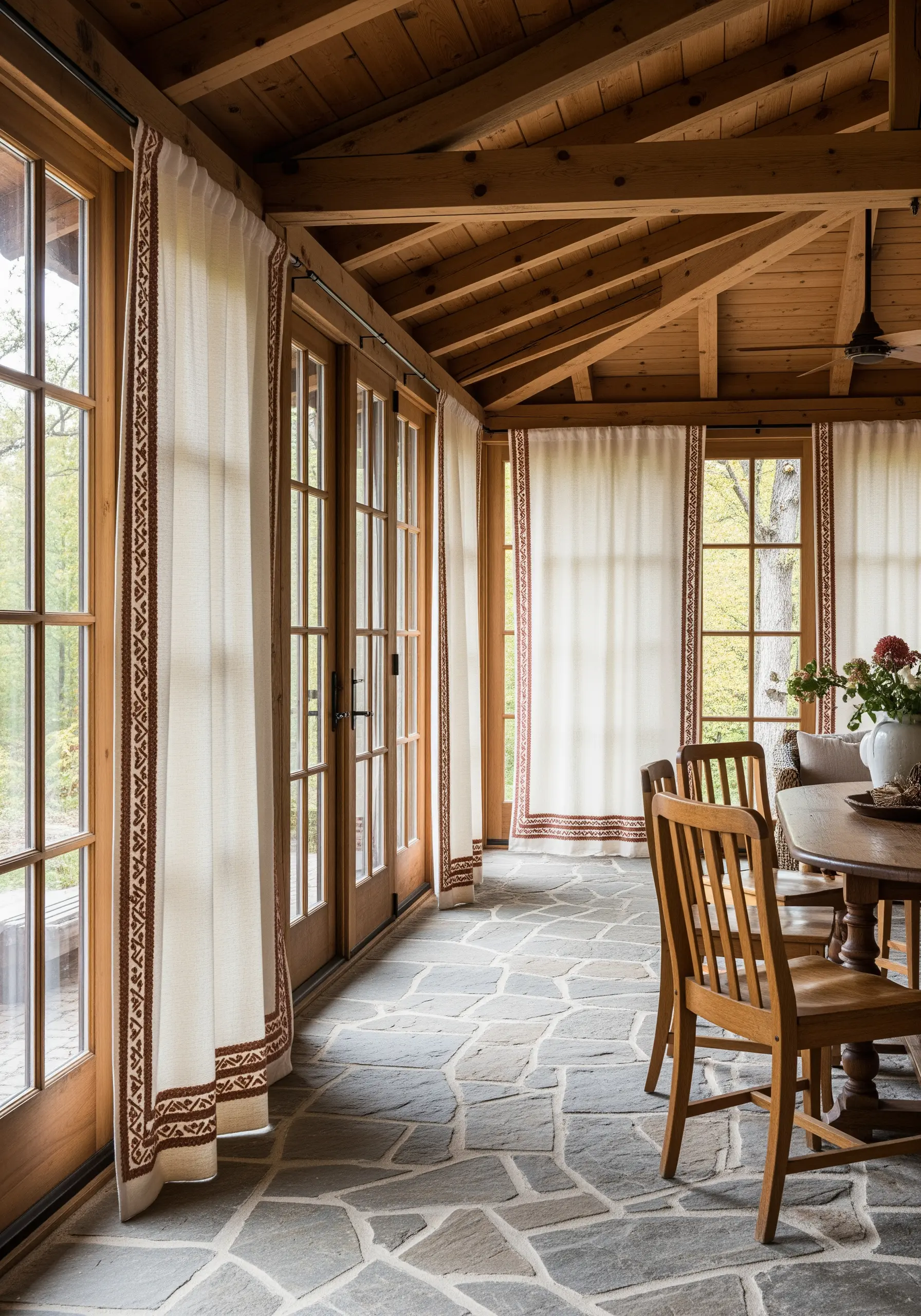 Rustic geometric border on curtains in a room with wood ceilings and stone floors.