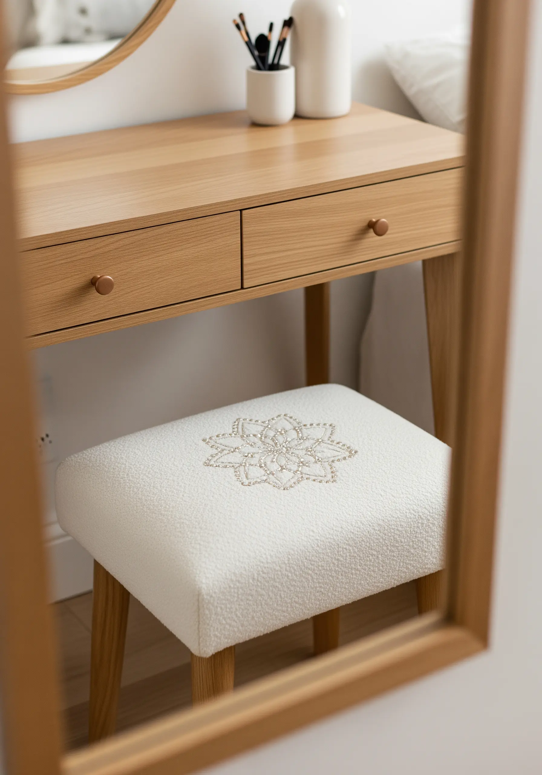 A simple floral mandala made of French knots, embroidered on a textured white boucle vanity stool.