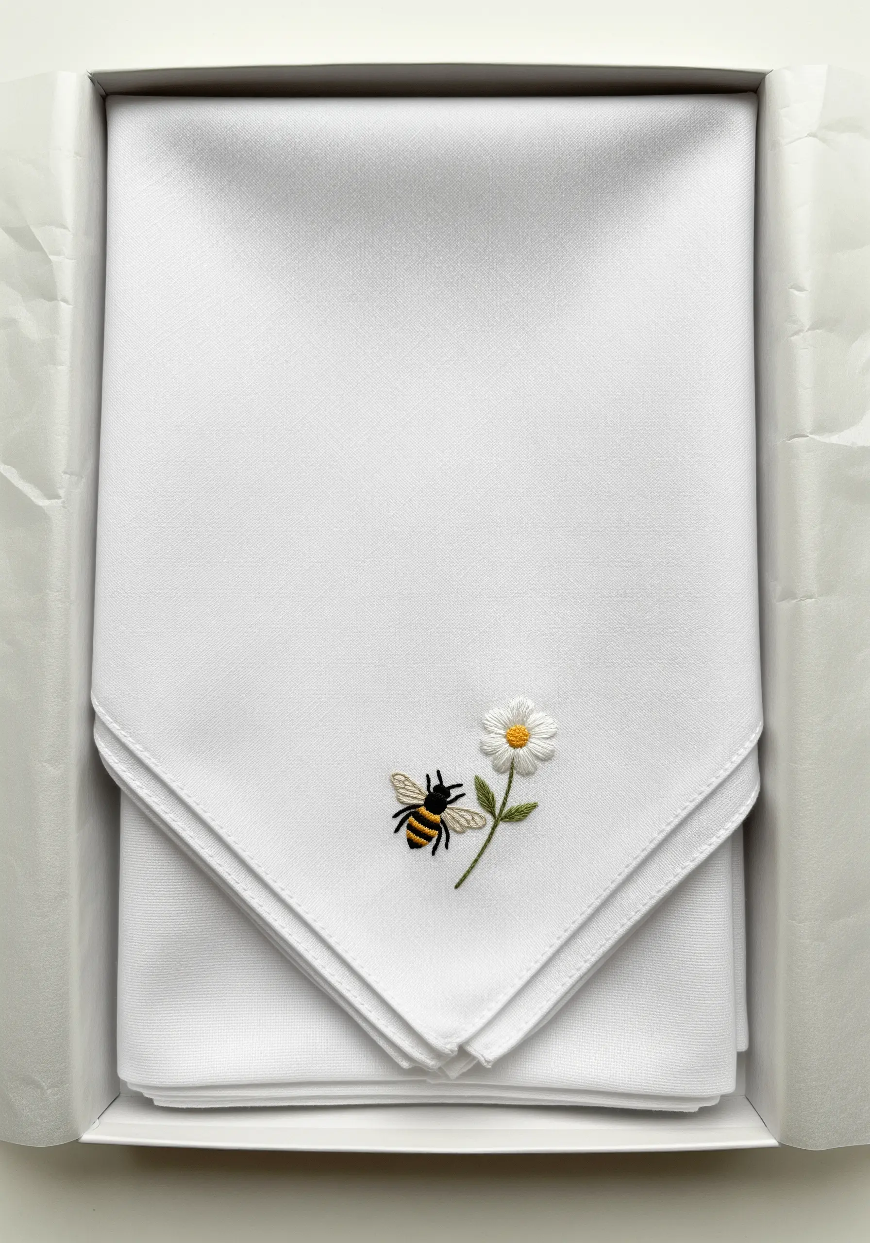 A crisp white handkerchief with a small, delicate embroidery of a bee and a daisy in the corner.