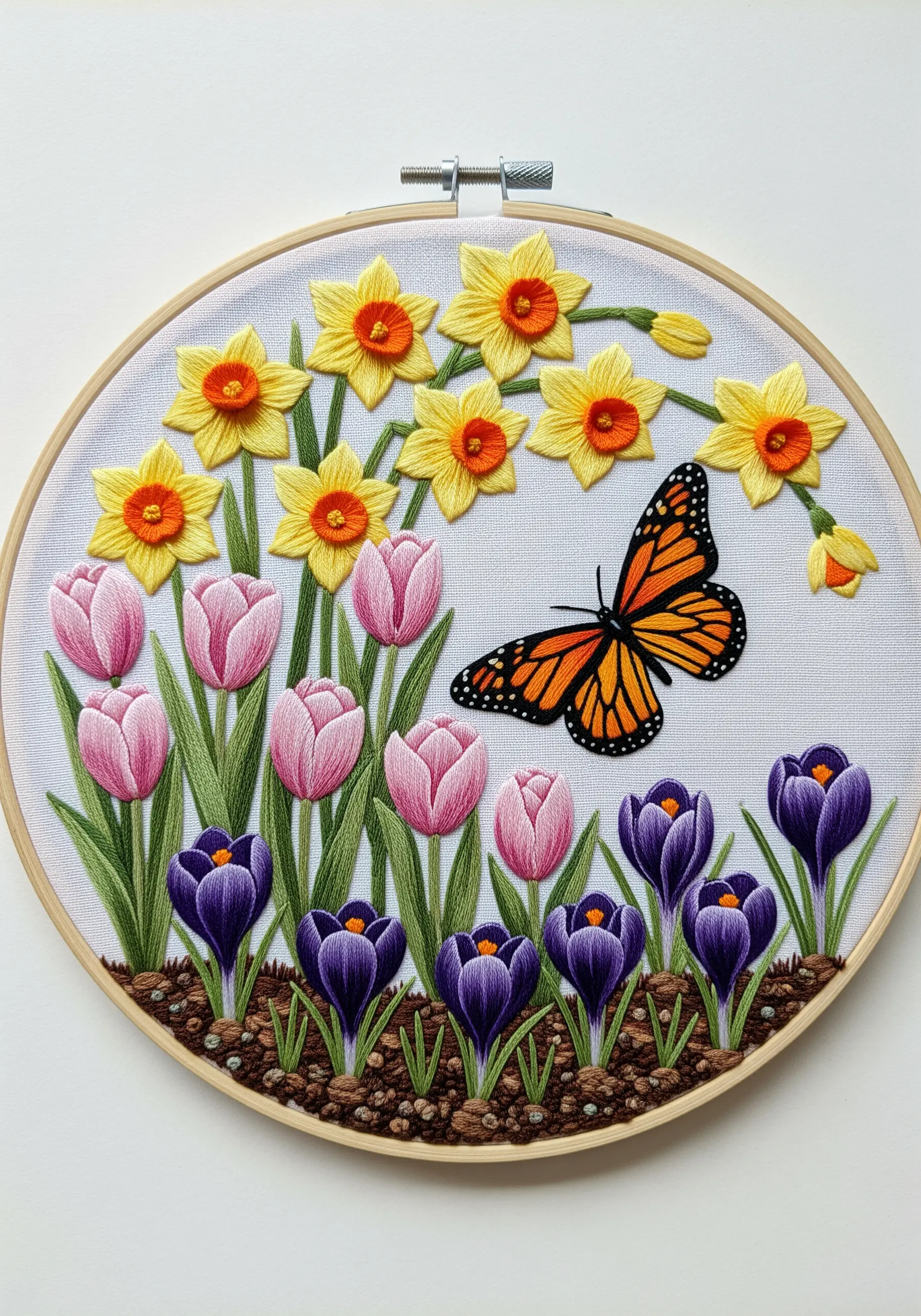 A spring garden scene with tulips, daffodils, and a monarch butterfly in an embroidery hoop.