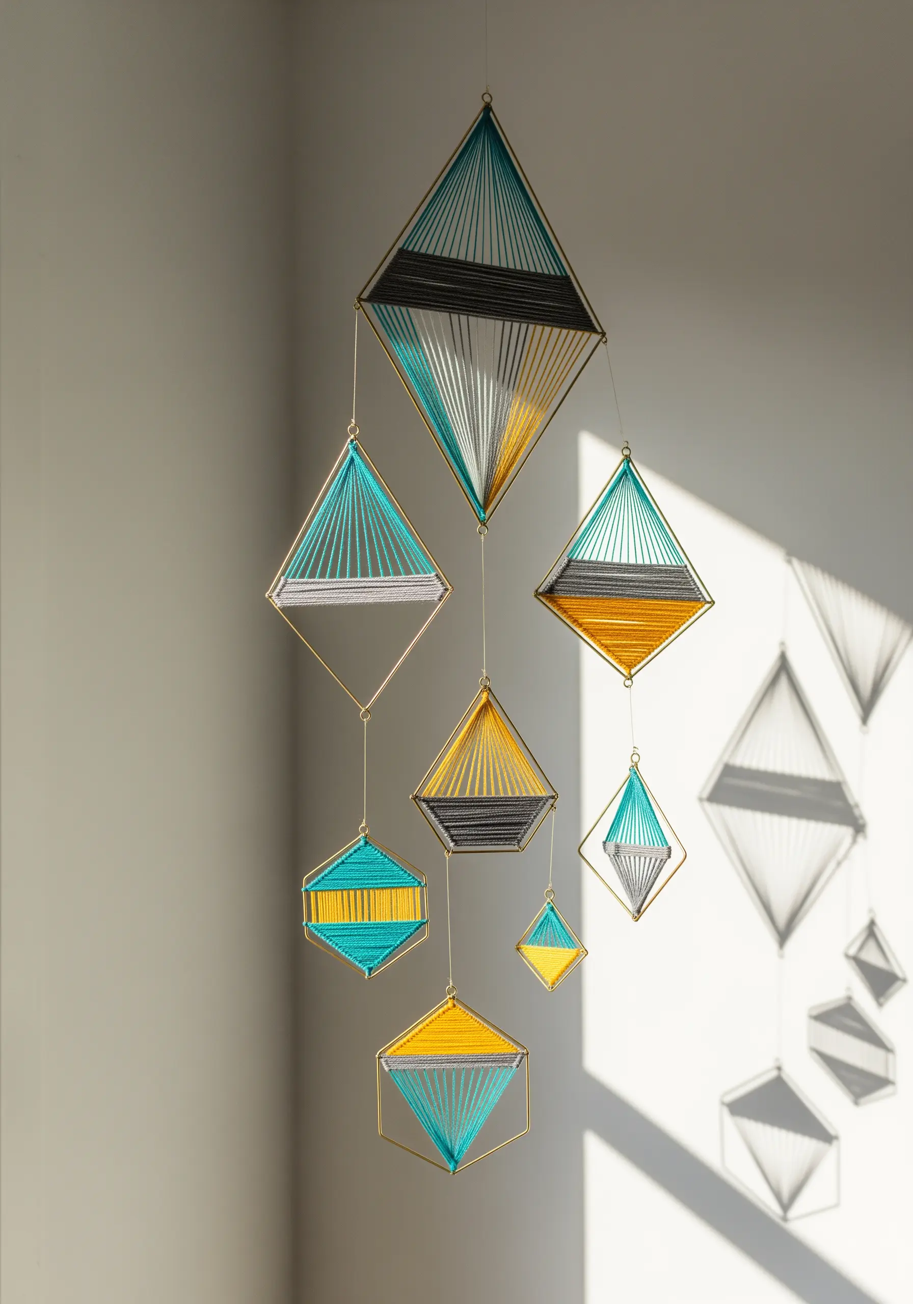 A hanging mobile made of geometric wire frames filled with teal, yellow, and grey thread art.