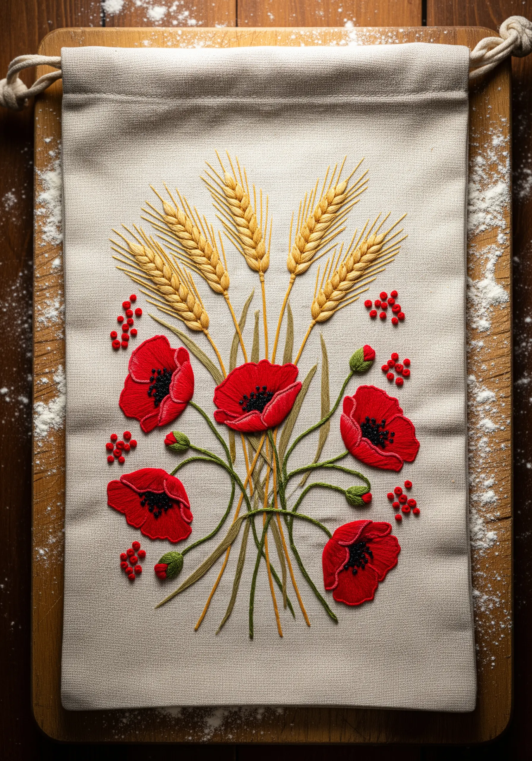An embroidered bouquet of red poppies, golden wheat, and red berries on a linen cloth.
