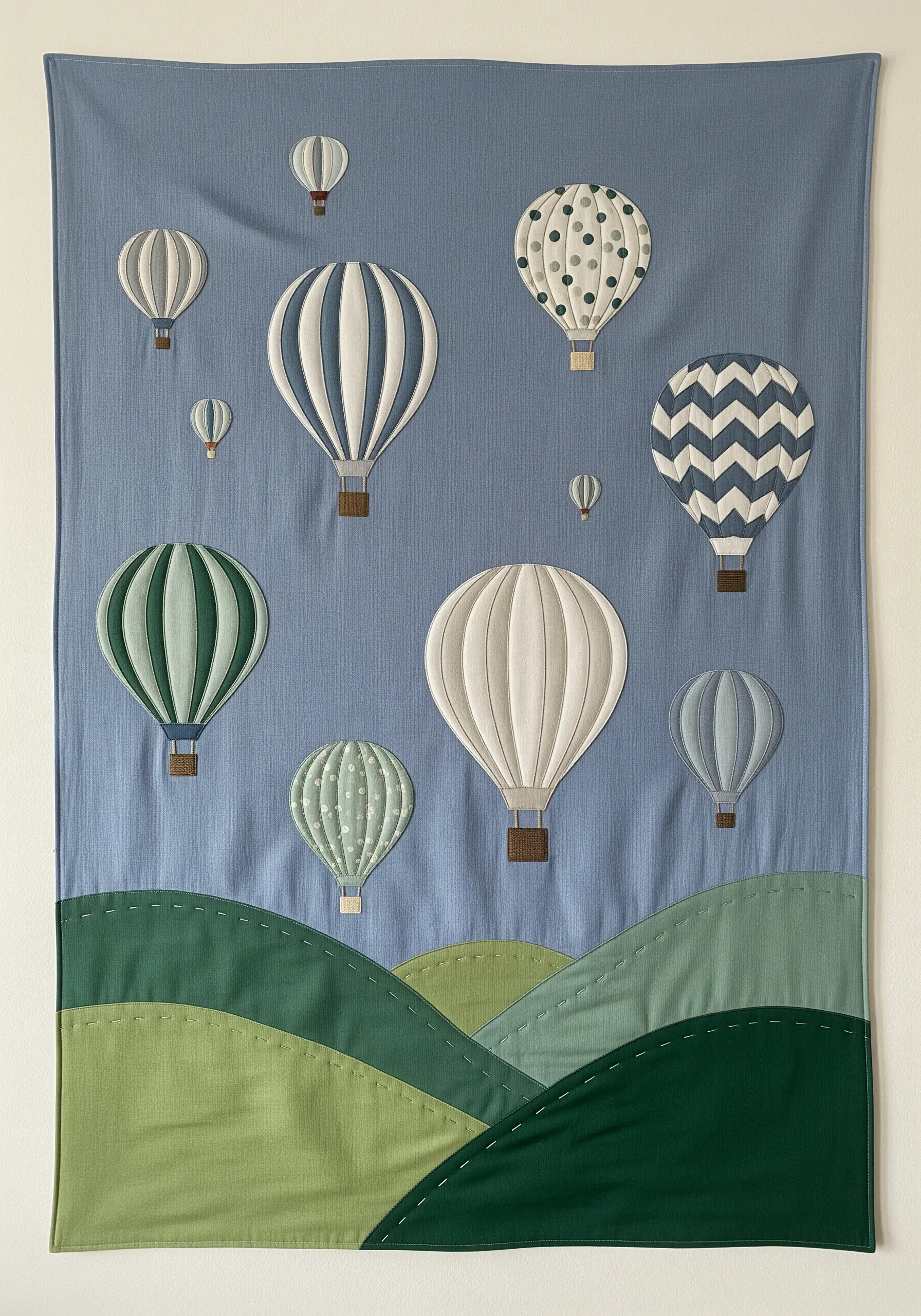 A large fabric wall hanging depicting a sky full of appliqué hot air balloons over green hills.