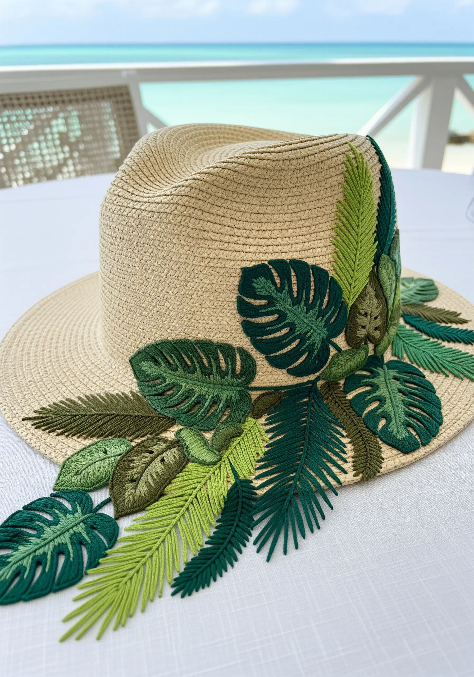A variety of embroidered tropical leaves in different shades of green on a straw hat.