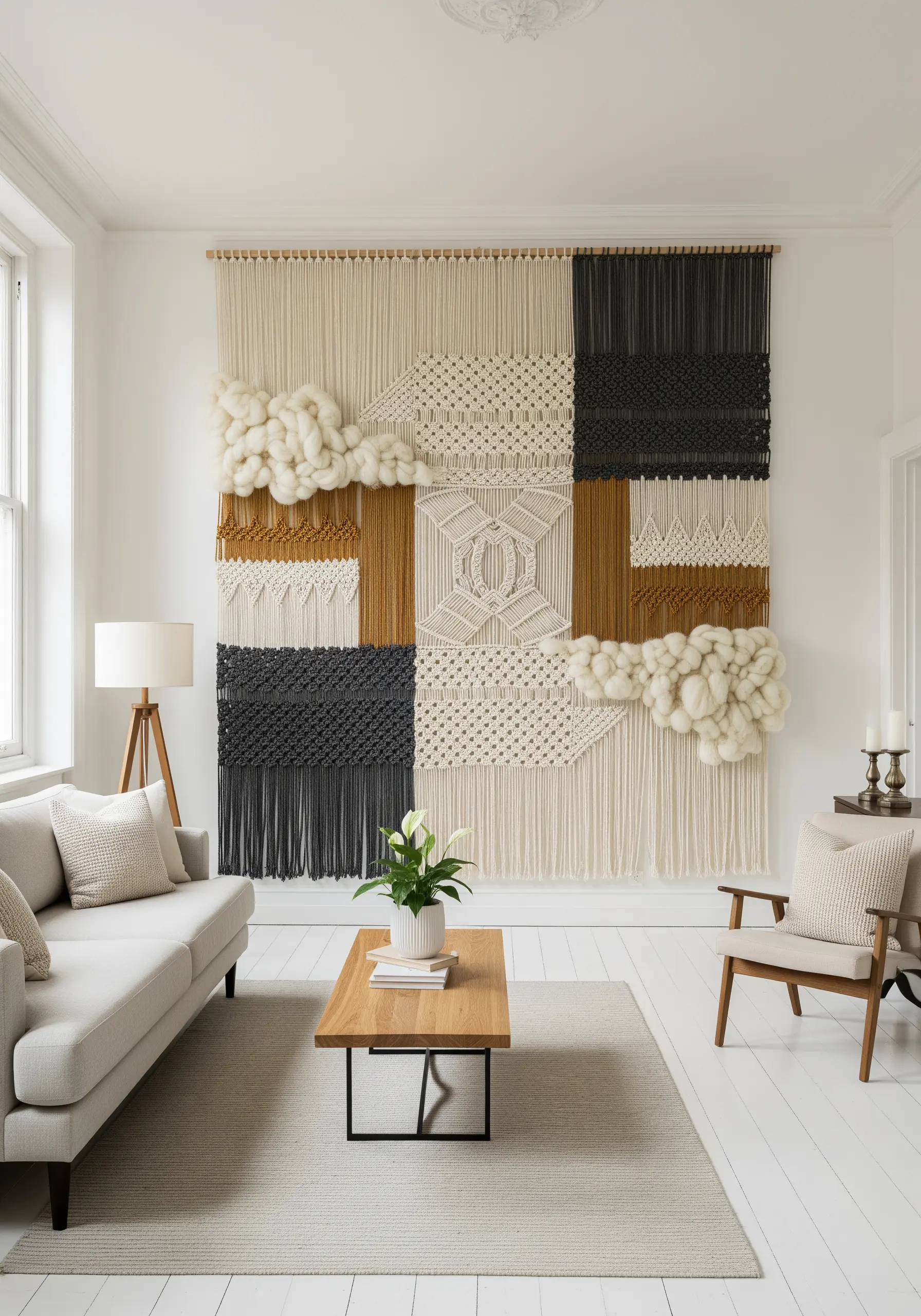 Large-scale macramé wall hanging with sections of different knots and chunky wool textures.